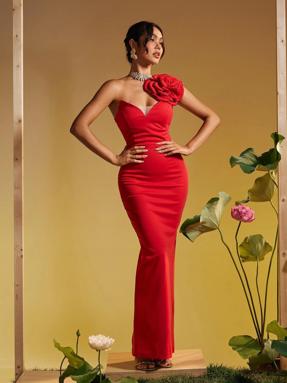 Red One Shoulder Flower Maxi Dress - Sophisticated Style