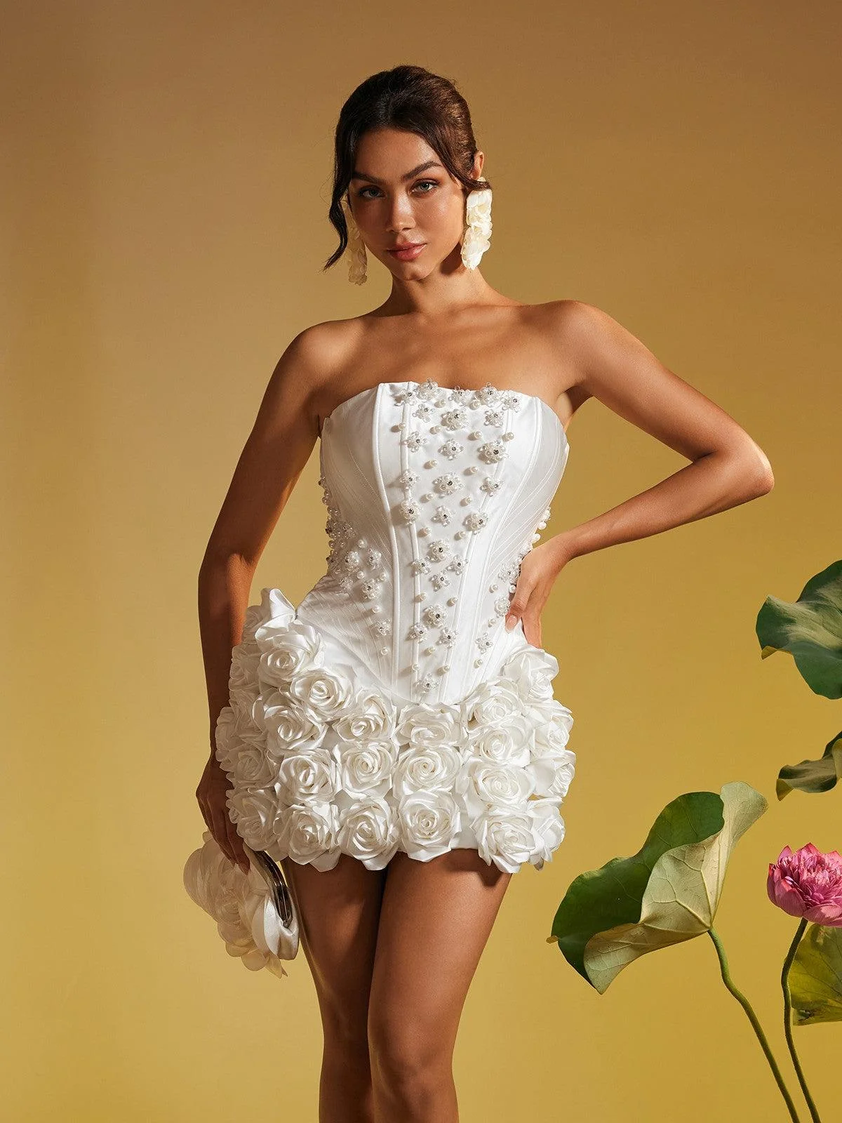 White Flower Pearl Skirt Set - Elegant Cocktail Attire