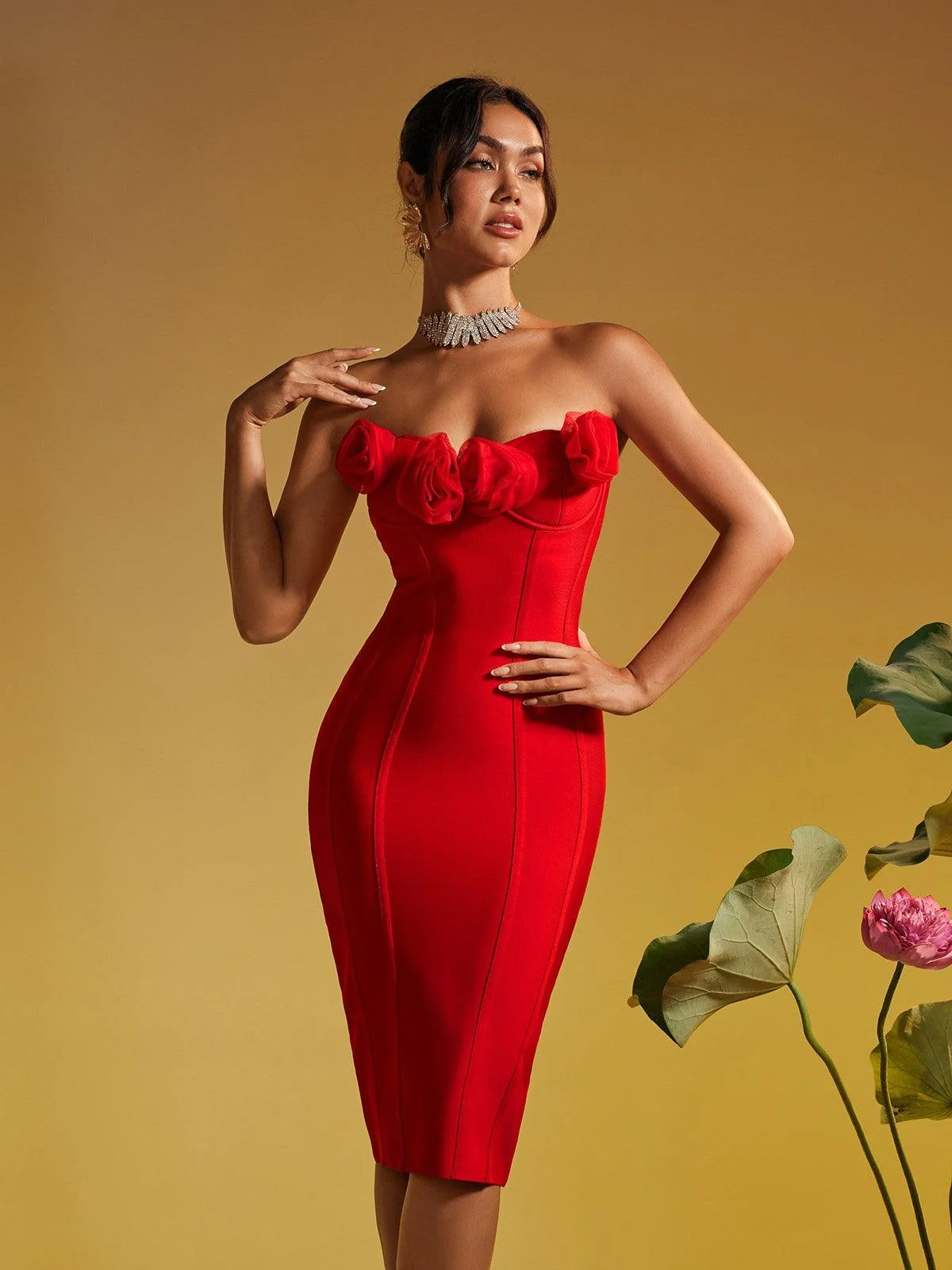 Red Flower Bandage Strapless Tea Dress