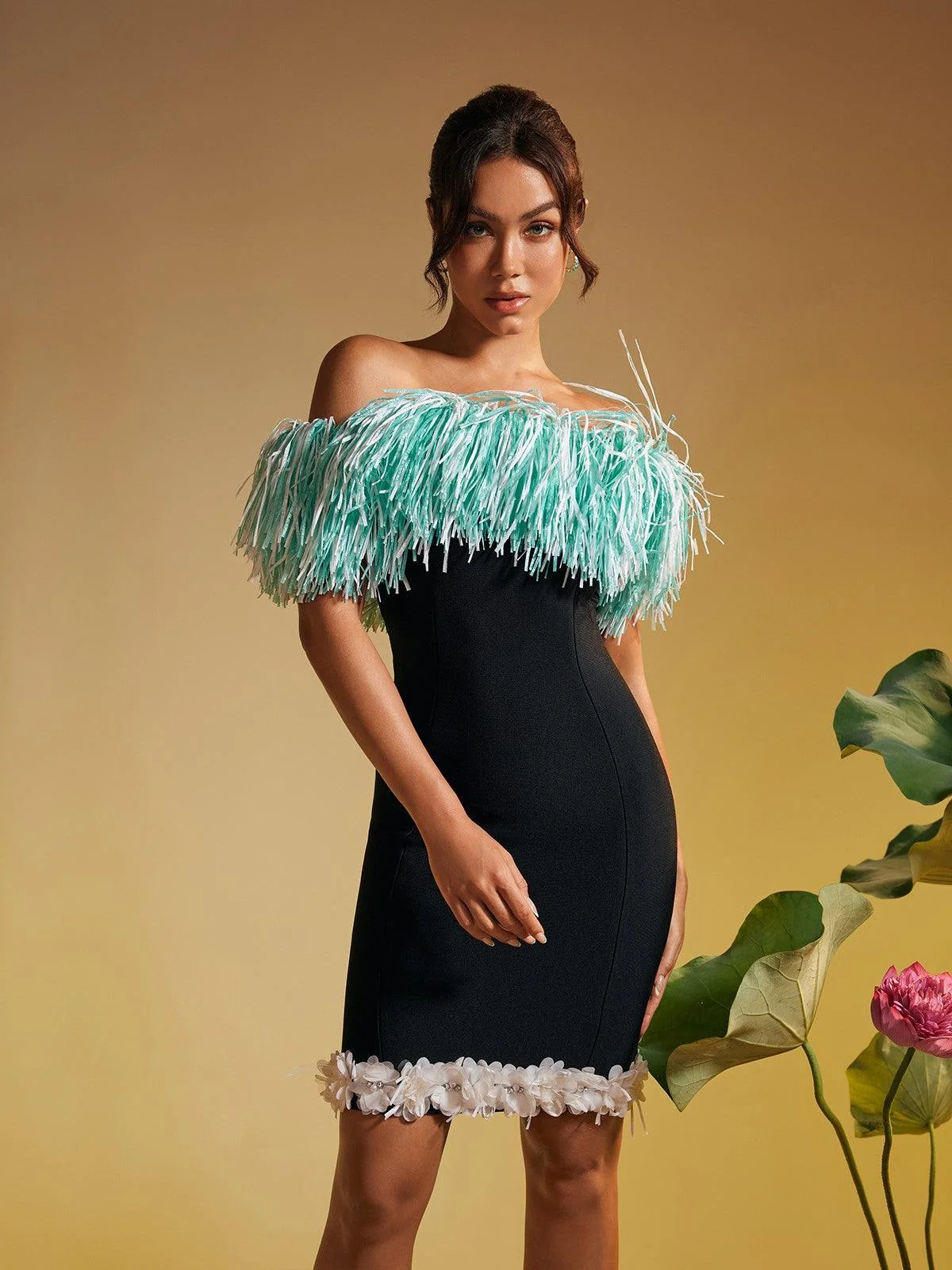 Black Bandage Fringe Flower Mini Dress