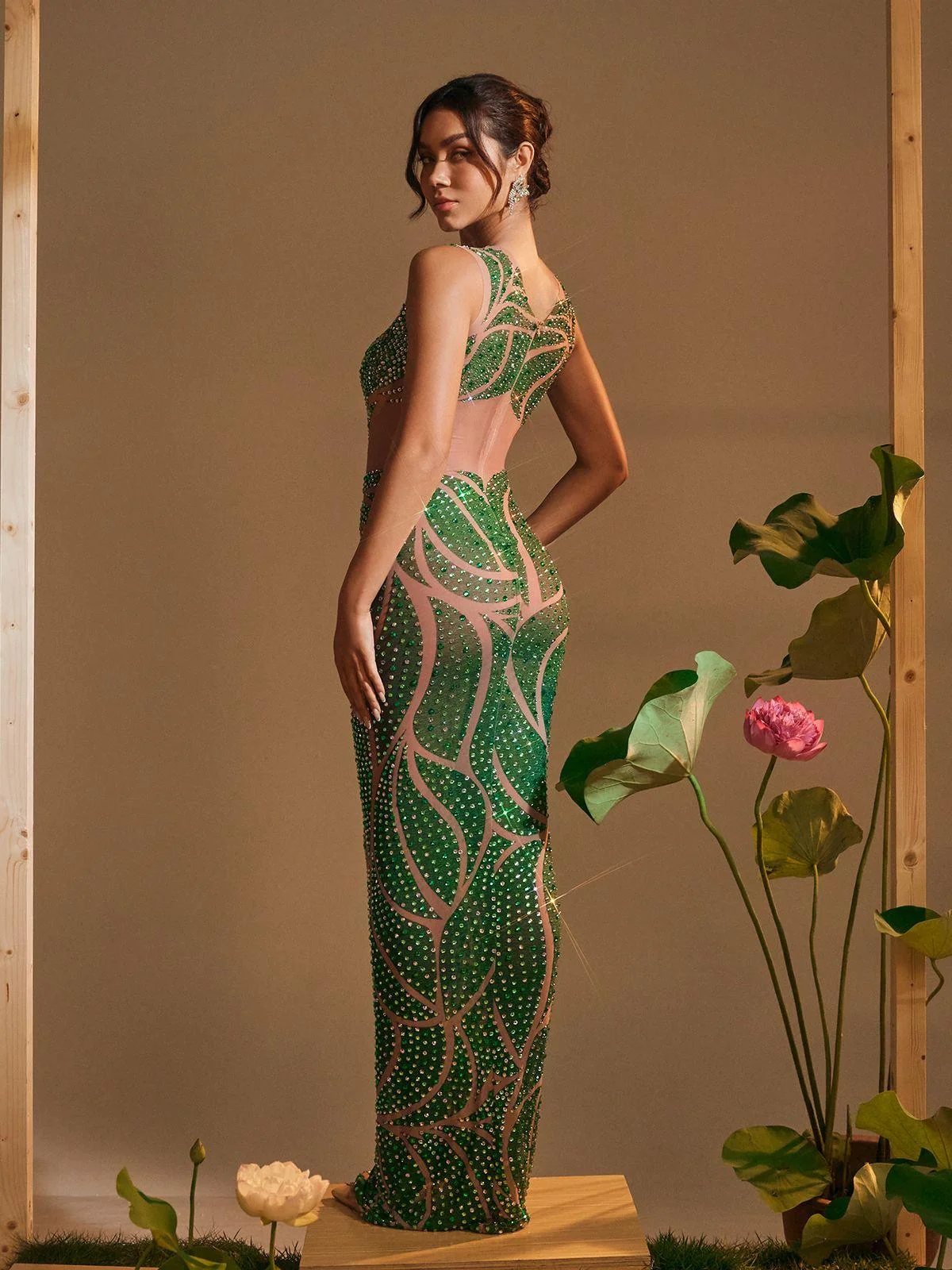 Printed Rhinestone Maxi Dress with Round Neck Design