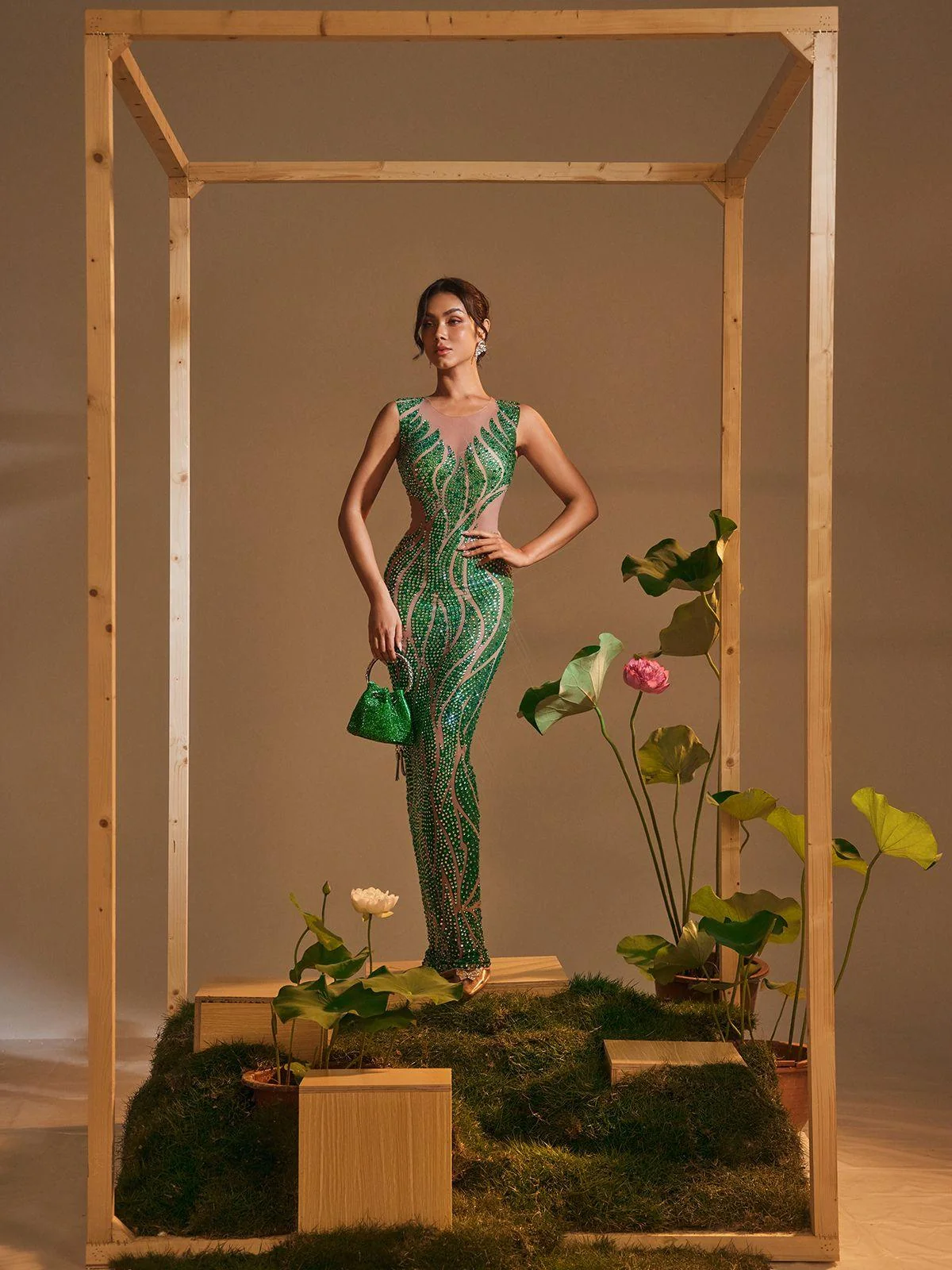 Printed Rhinestone Maxi Dress with Round Neck Design