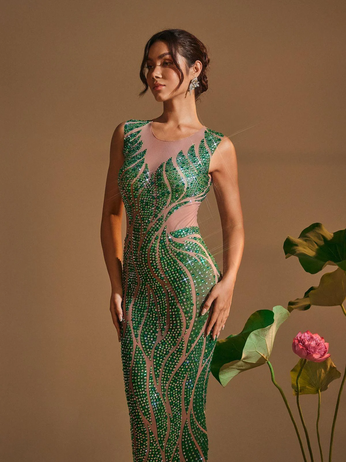 Printed Rhinestone Maxi Dress with Round Neck Design