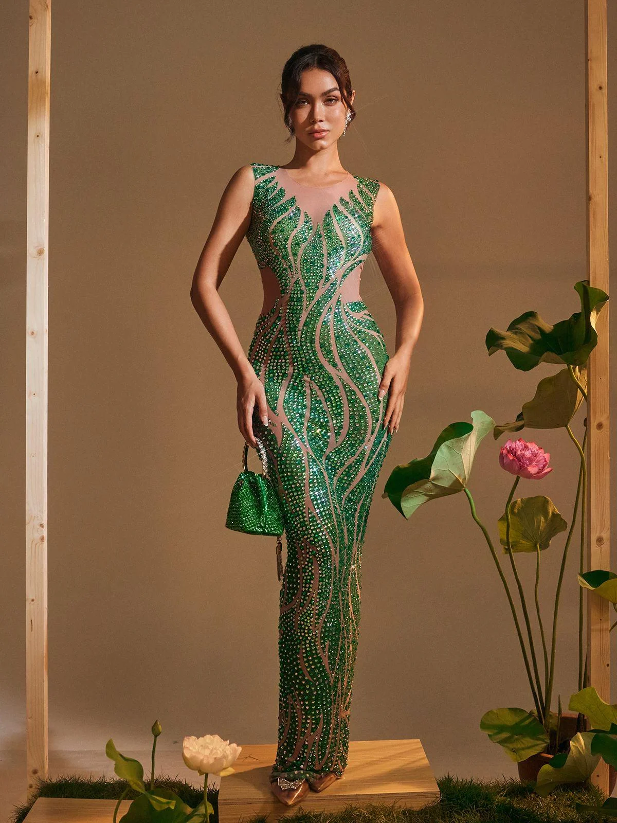 Printed Rhinestone Maxi Dress with Round Neck Design