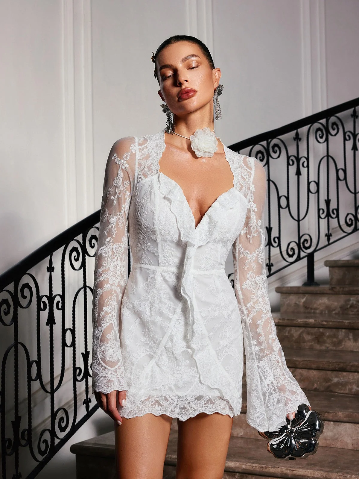 Stylish Lace Flare Sleeve Mini Dress