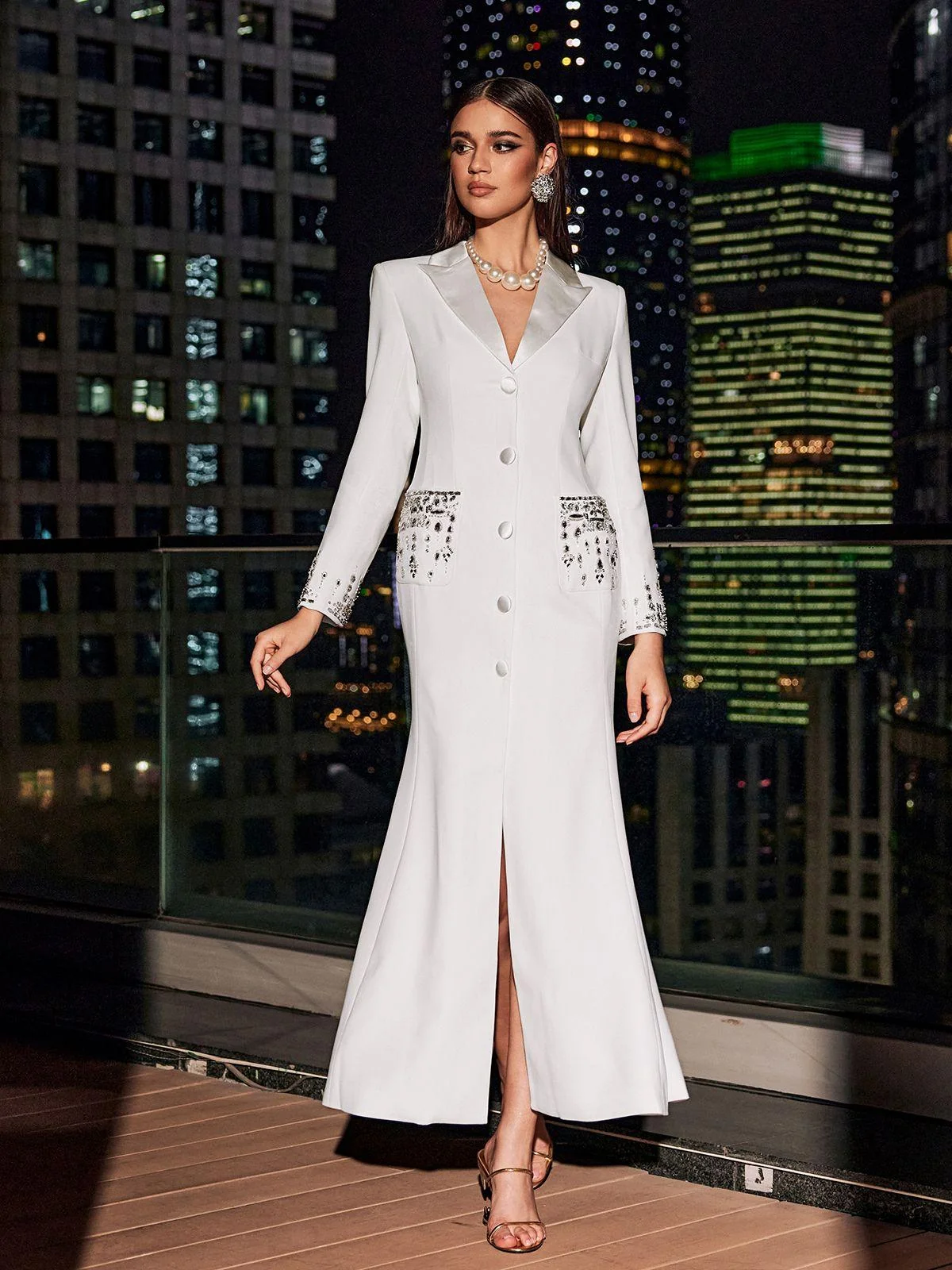 White Rhinestone Embellished Blazer Maxi Dress