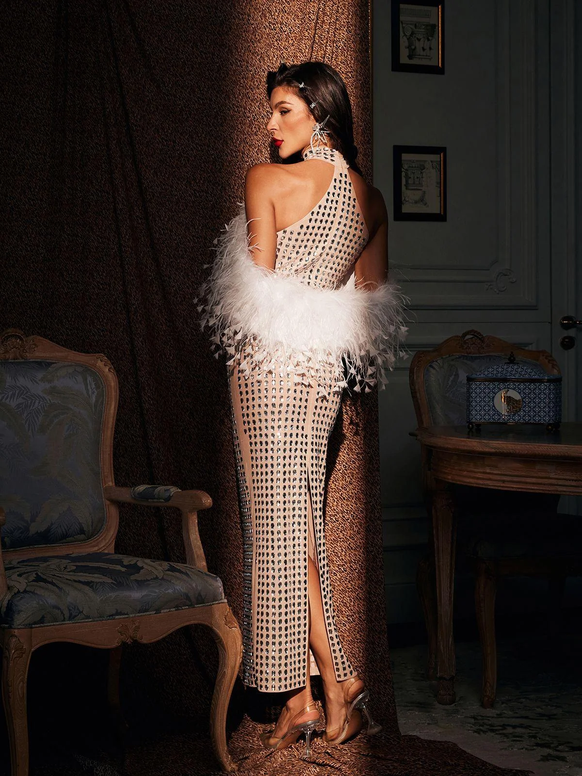 Elegant Halterneck Feather Maxi Dress