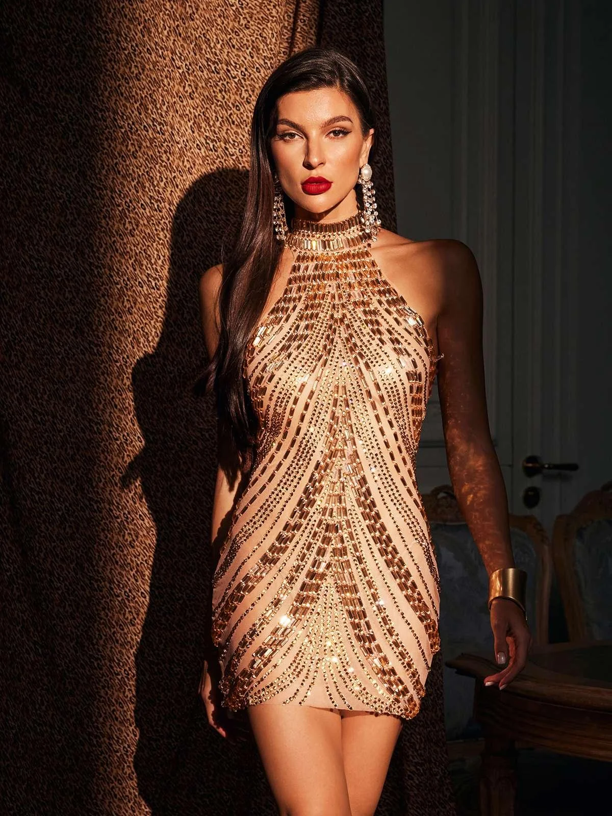 Sparkling Halterneck Mini Dress in Gold Rhinestones