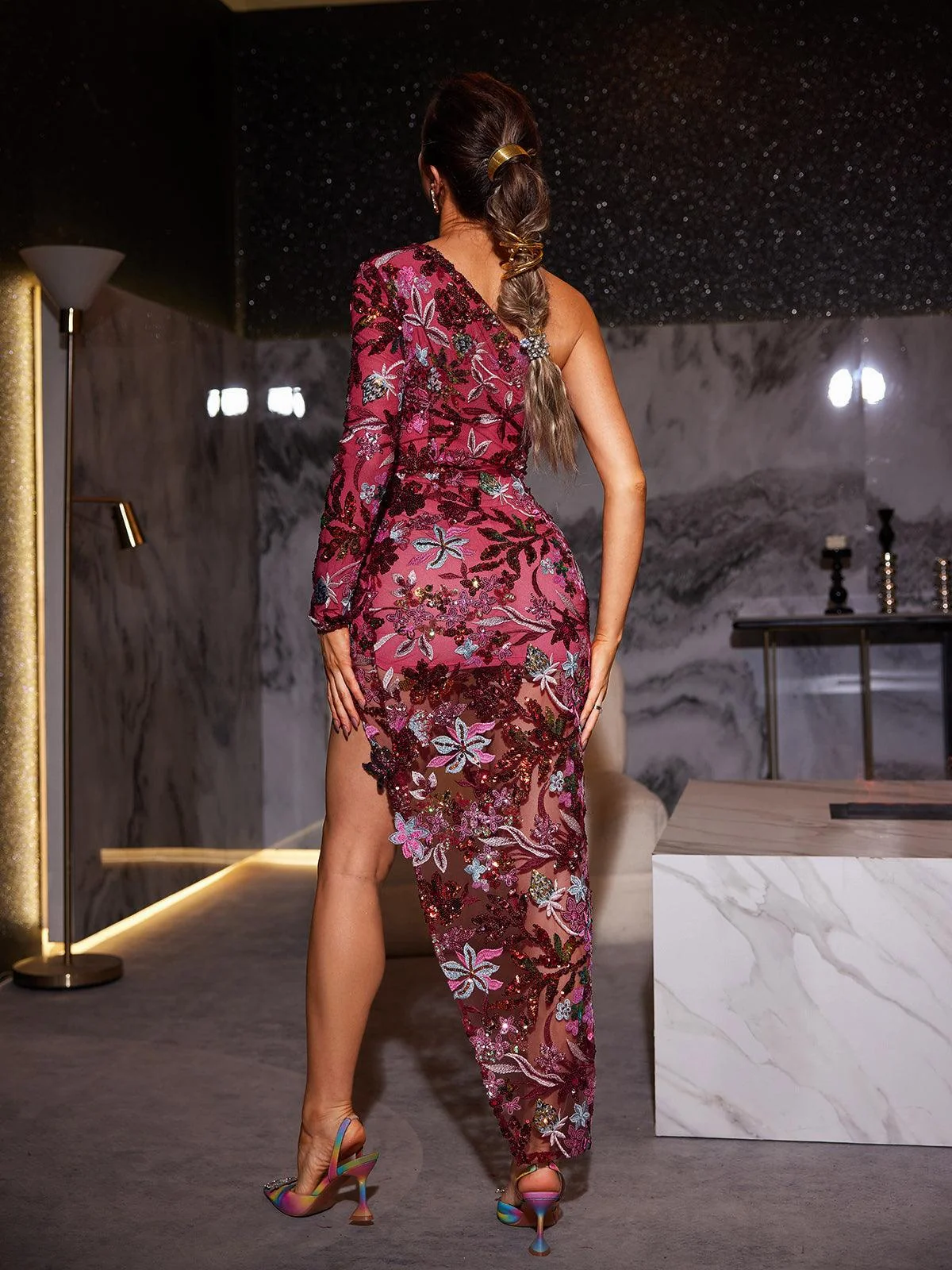 Floral Sequin One Shoulder Cocktail Maxi Dress