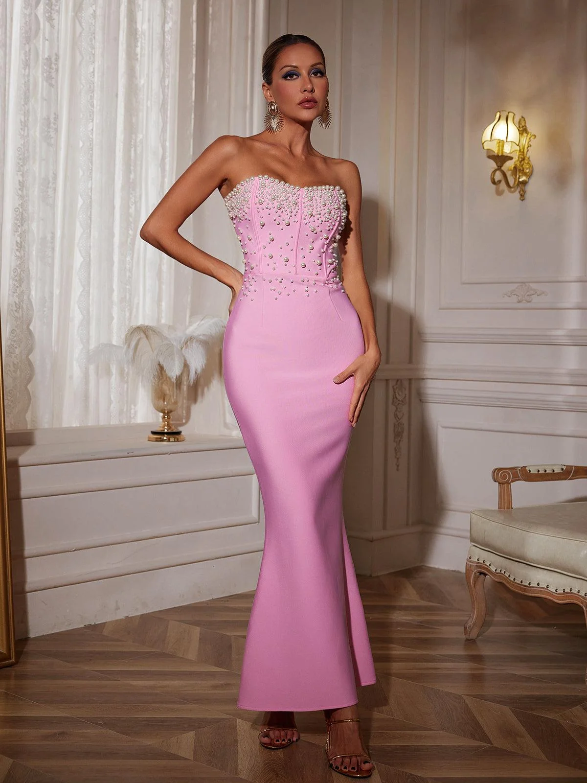 Pearl Bandage Strapless Dress - Elegant Pearl Accents