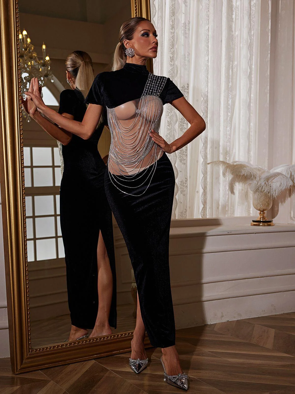 Luxury Crystal Chain Velvet Dress - Elegant Draped Design