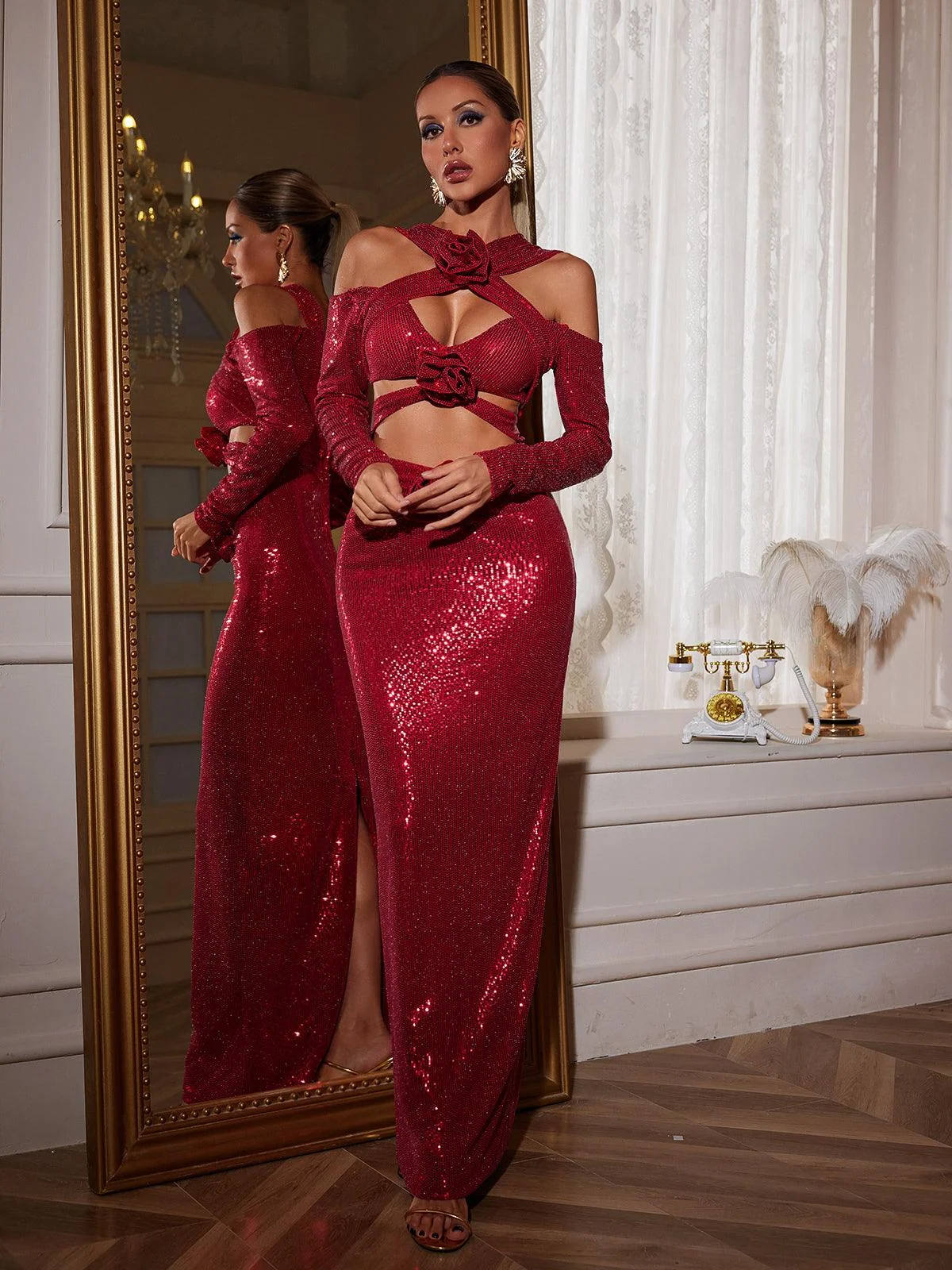 Elegant Sequin Floral Maxi Dress - Red Sequin