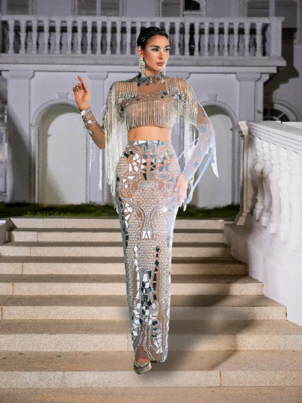 Trendy Fringe Skirt Set in Acrylic Material