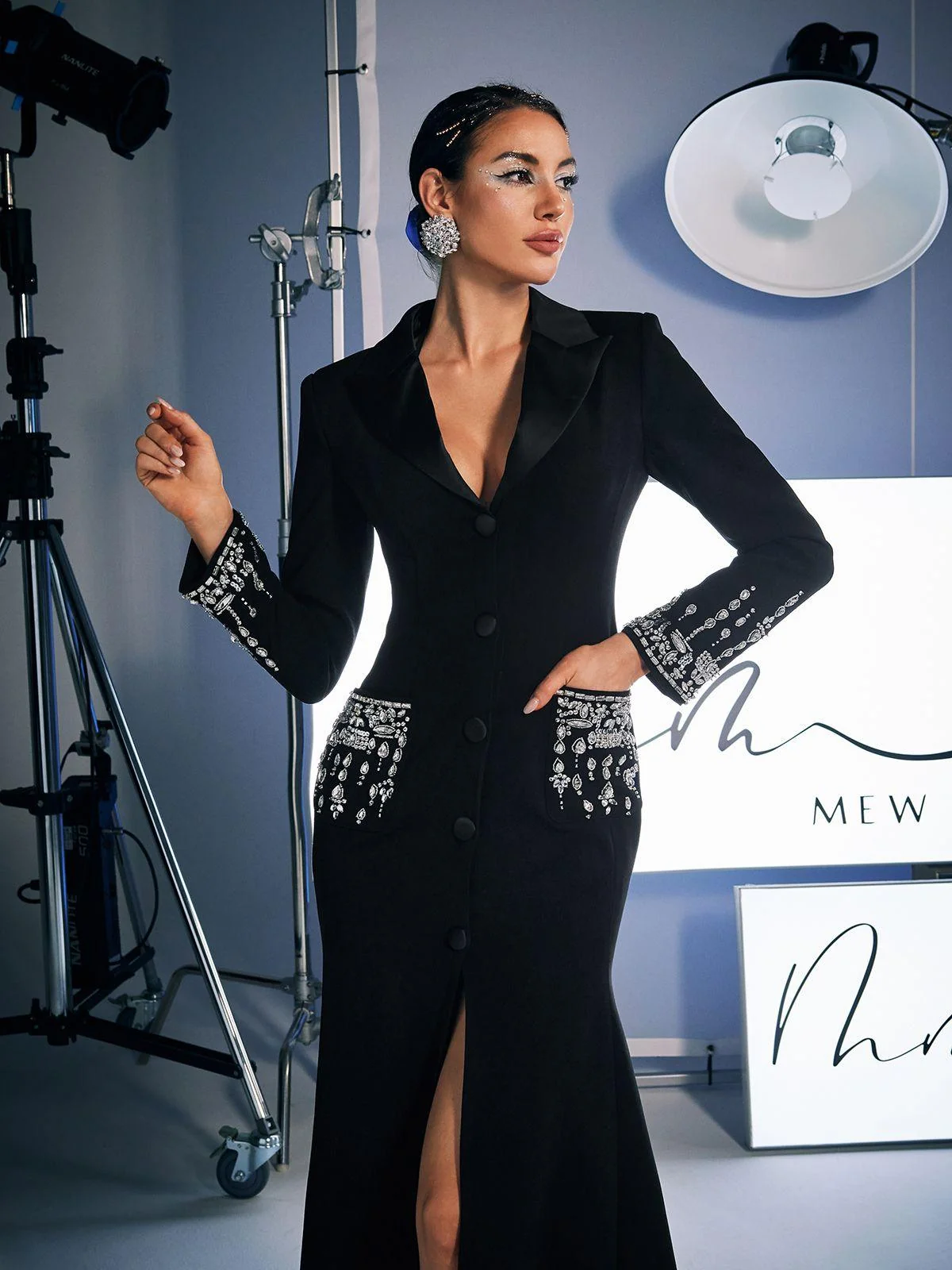 Black Rhinestone Embellished Blazer Dress
