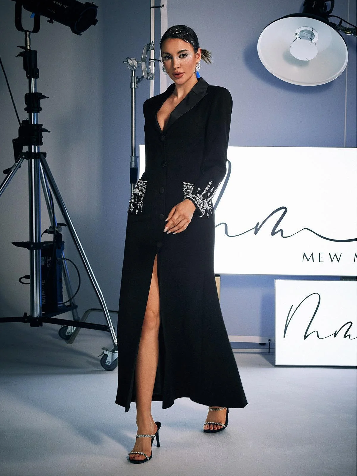 Black Rhinestone Embellished Blazer Dress