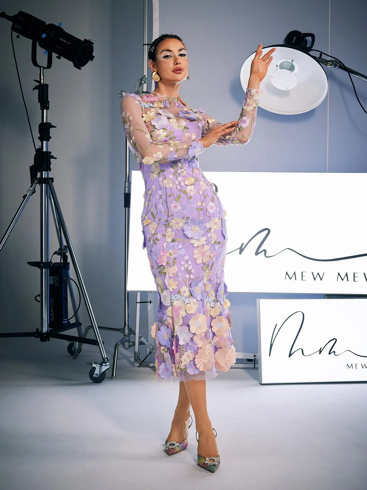 Purple Embroidered Midi Dress - Elegant Long Sleeve Style