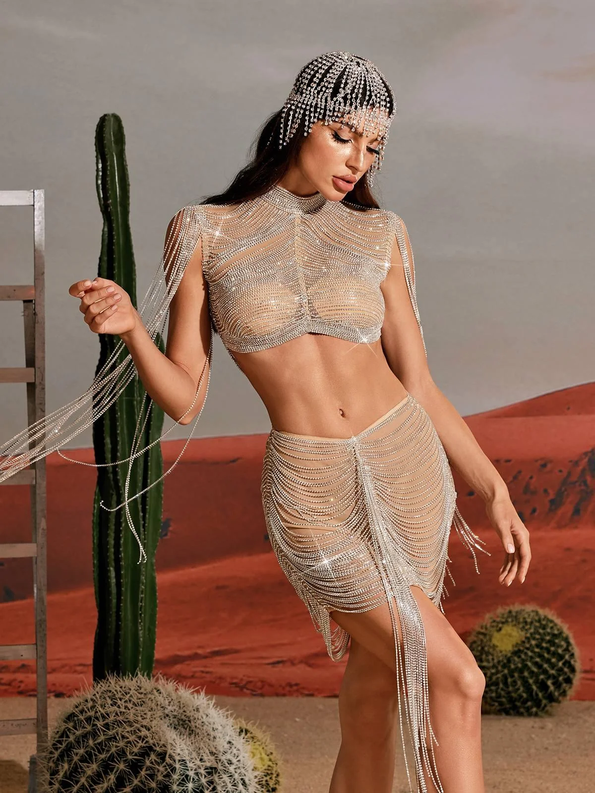 Silver Crystal Chain Fringe Skirt Set for Special Occasions