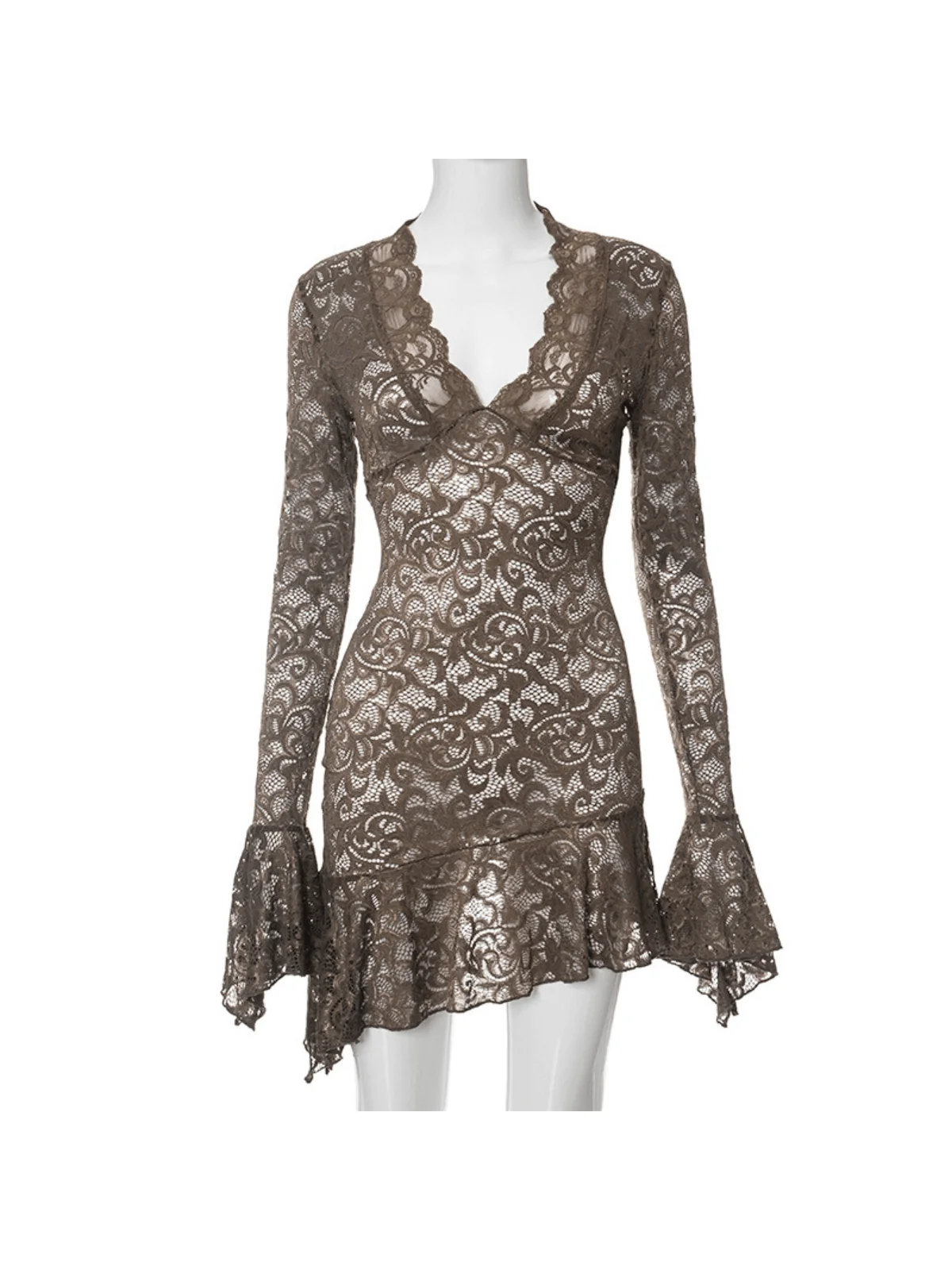 Chic Black V Neck Lace Mini Dress