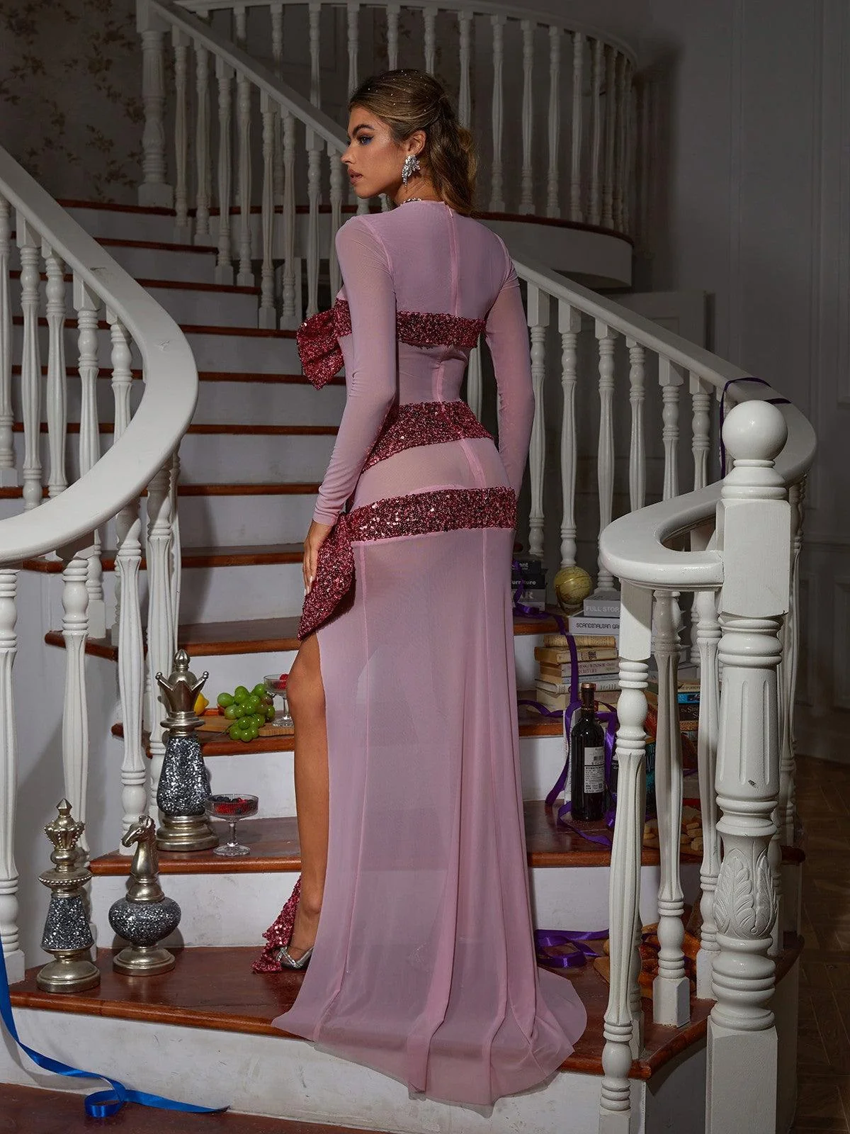 Pink Sequin Bow Maxi Dress