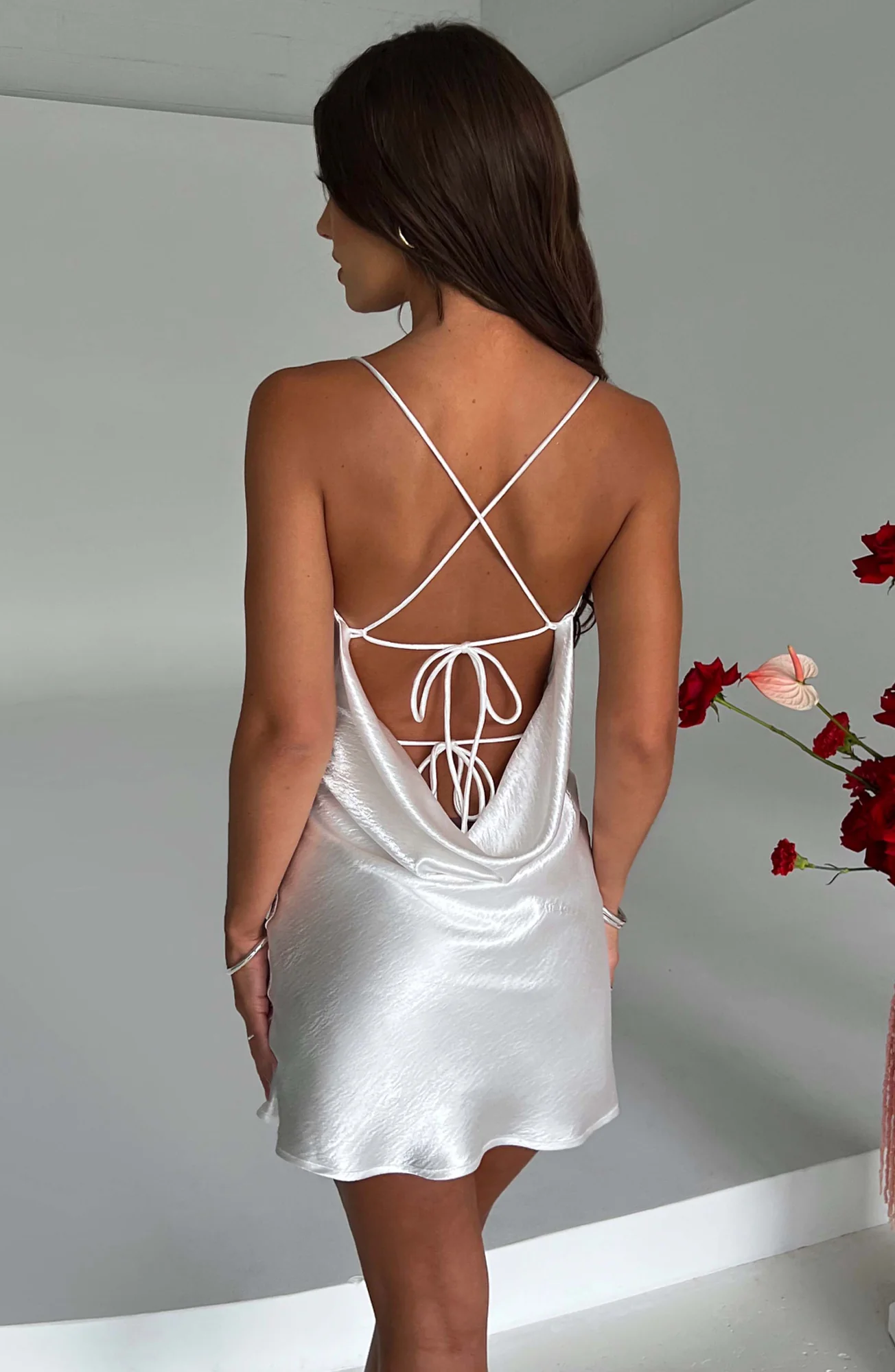 Ivory Bias Cut Satin Mini Dress - Elegant Backless Style