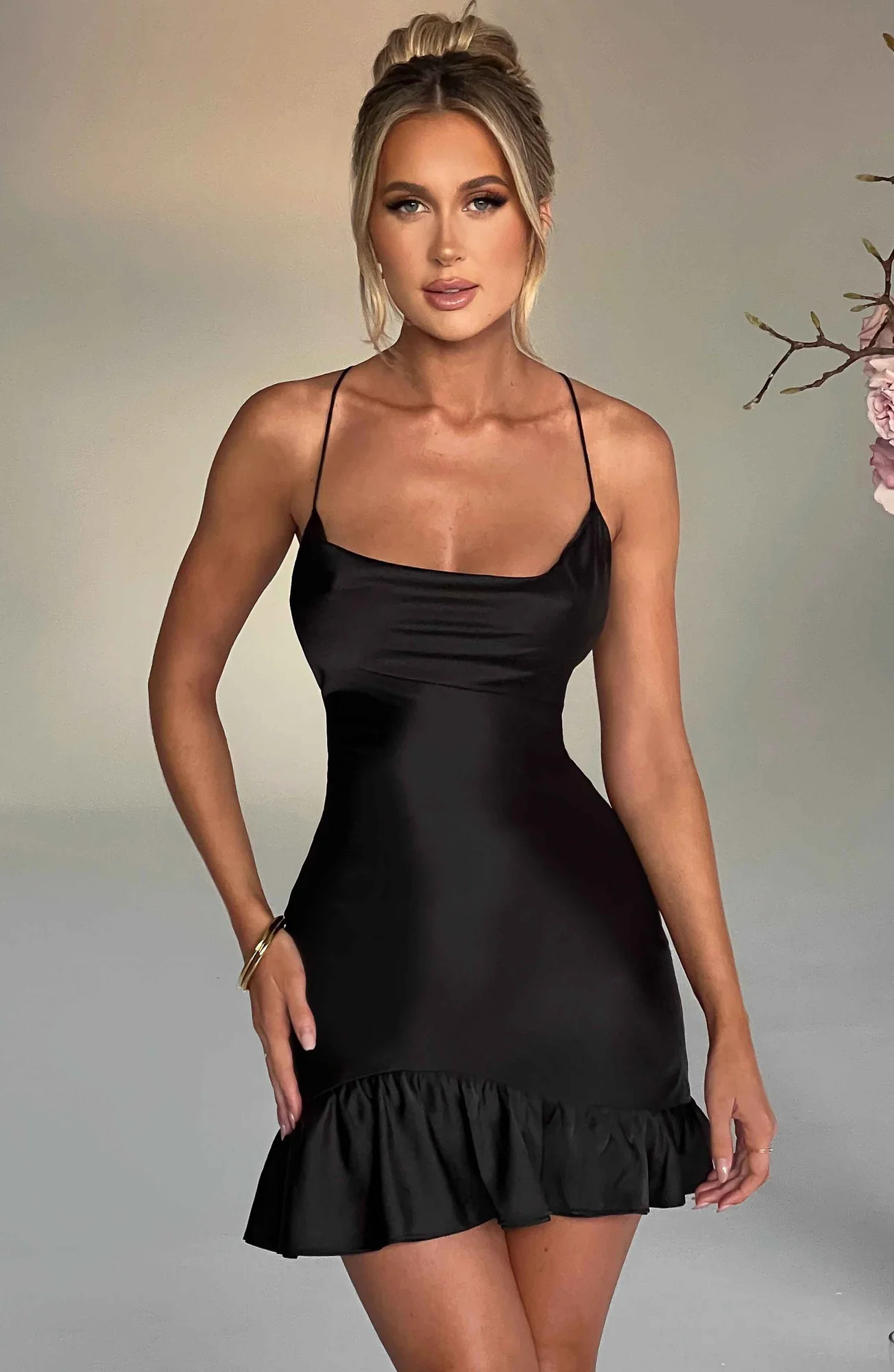 Black Mini Satin Dress with Asymmetric Ruffled Hem