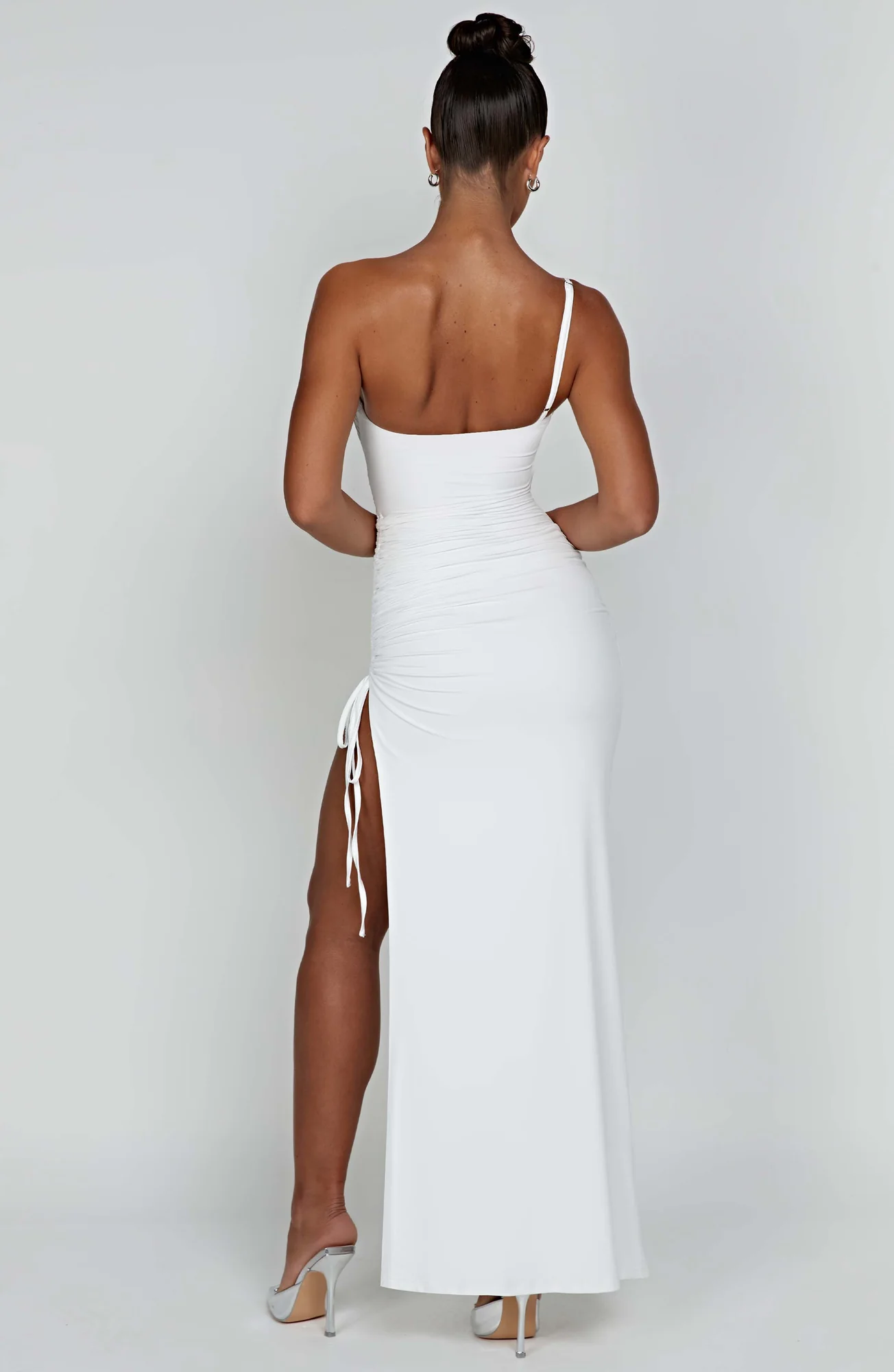 White Ruched Maxi Dress with One Shoulder Strap