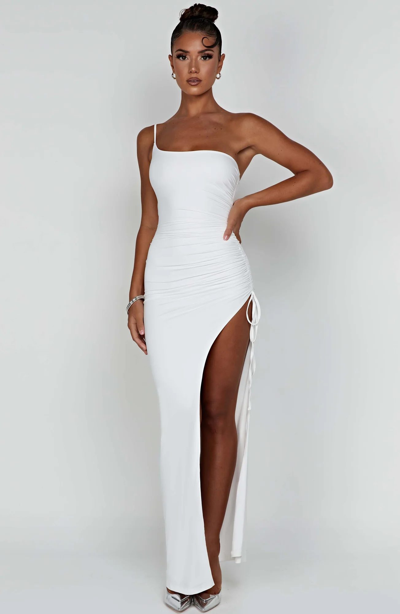 White Ruched Maxi Dress with One Shoulder Strap