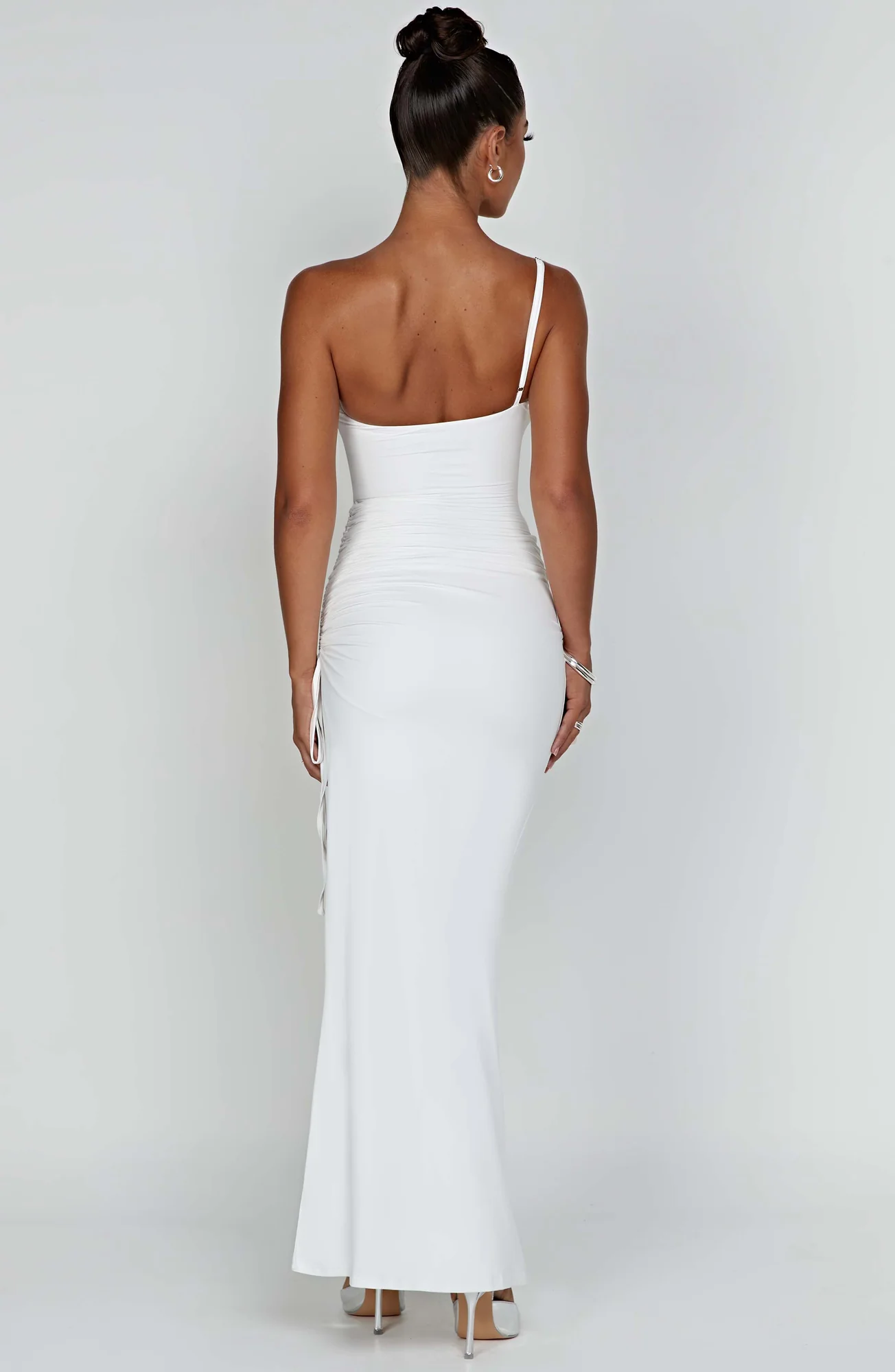 White Ruched Maxi Dress with One Shoulder Strap