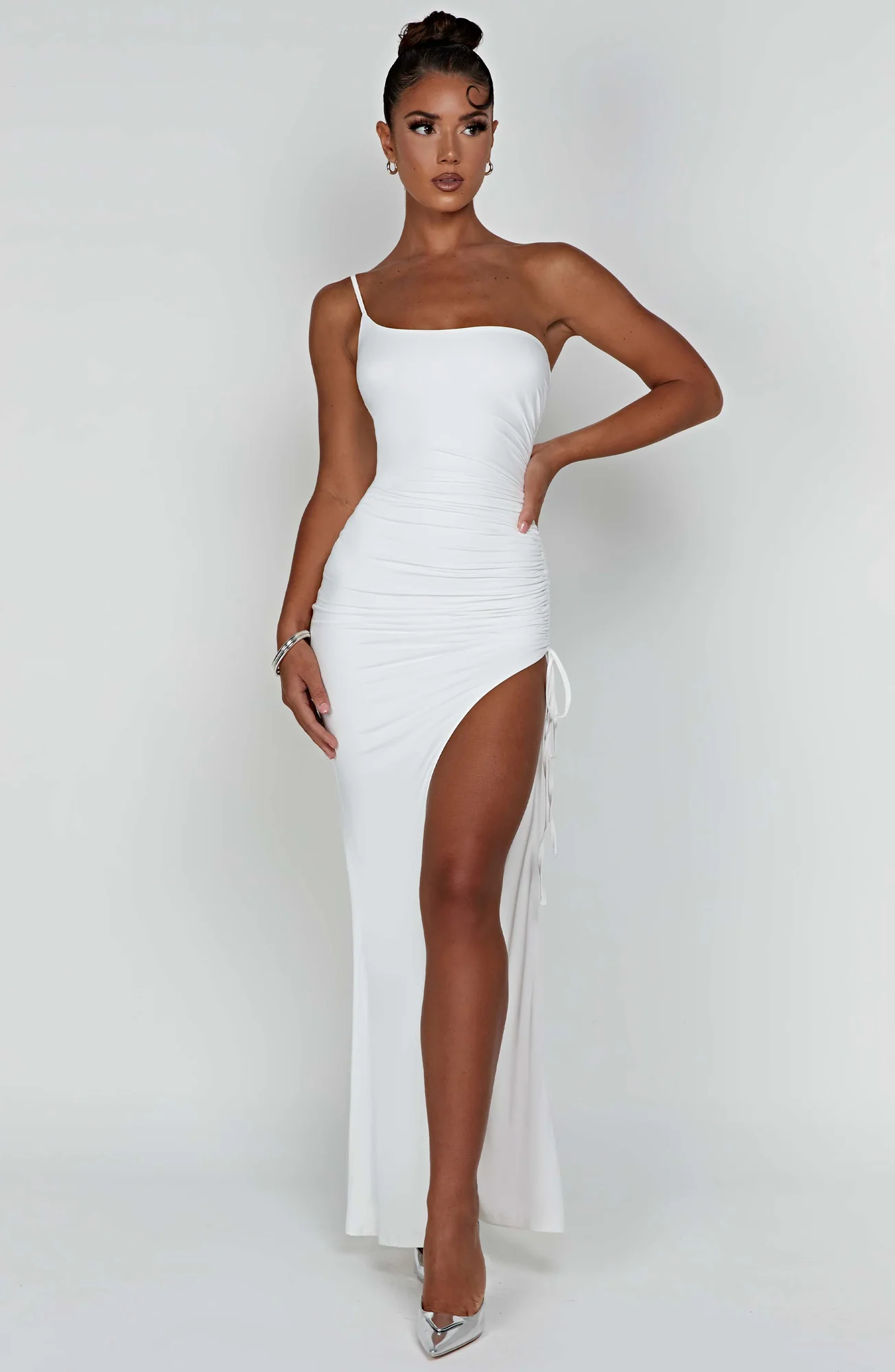 White Ruched Maxi Dress with One Shoulder Strap