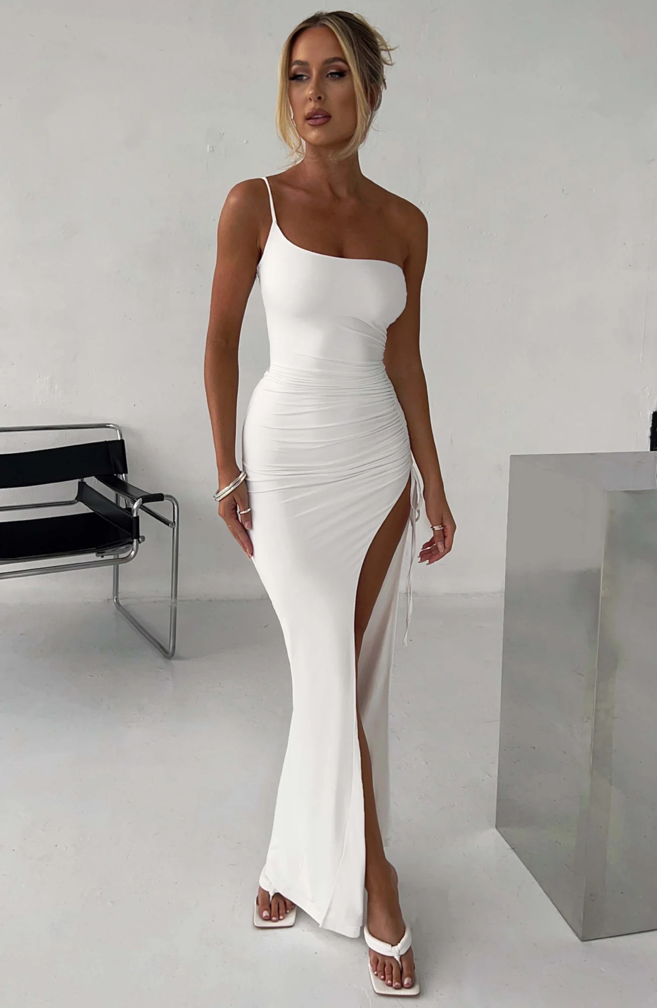 White Ruched Maxi Dress with One Shoulder Strap