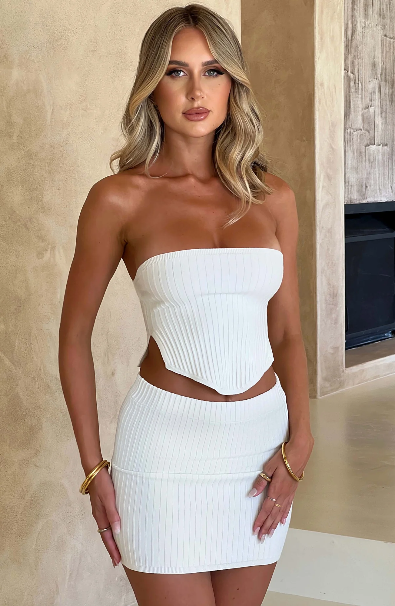White Ribbed Knit High-Waisted Mini Skirt