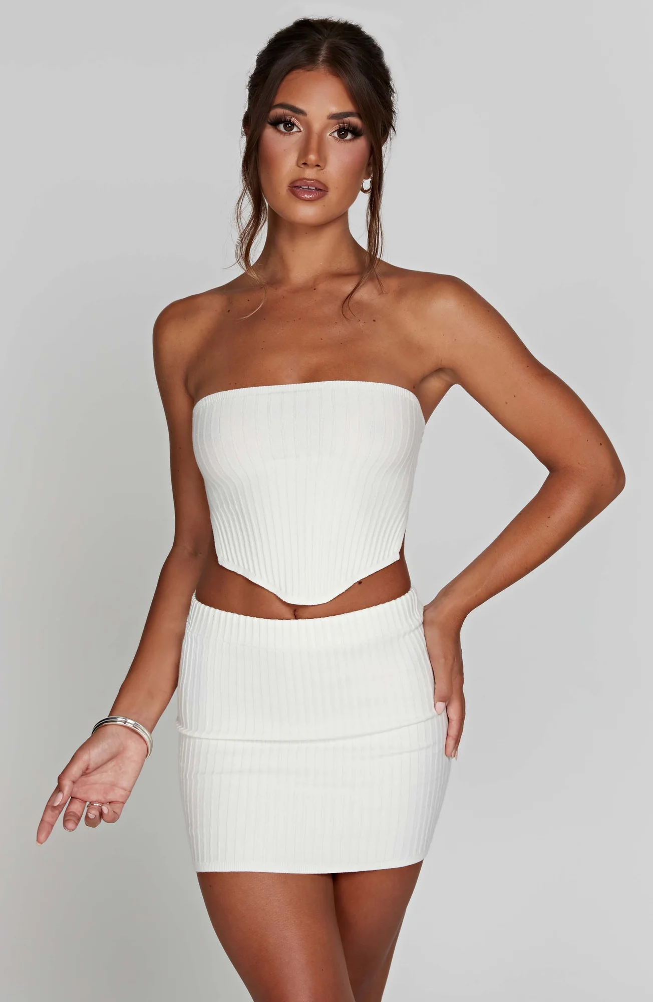 White Ribbed Knit High-Waisted Mini Skirt