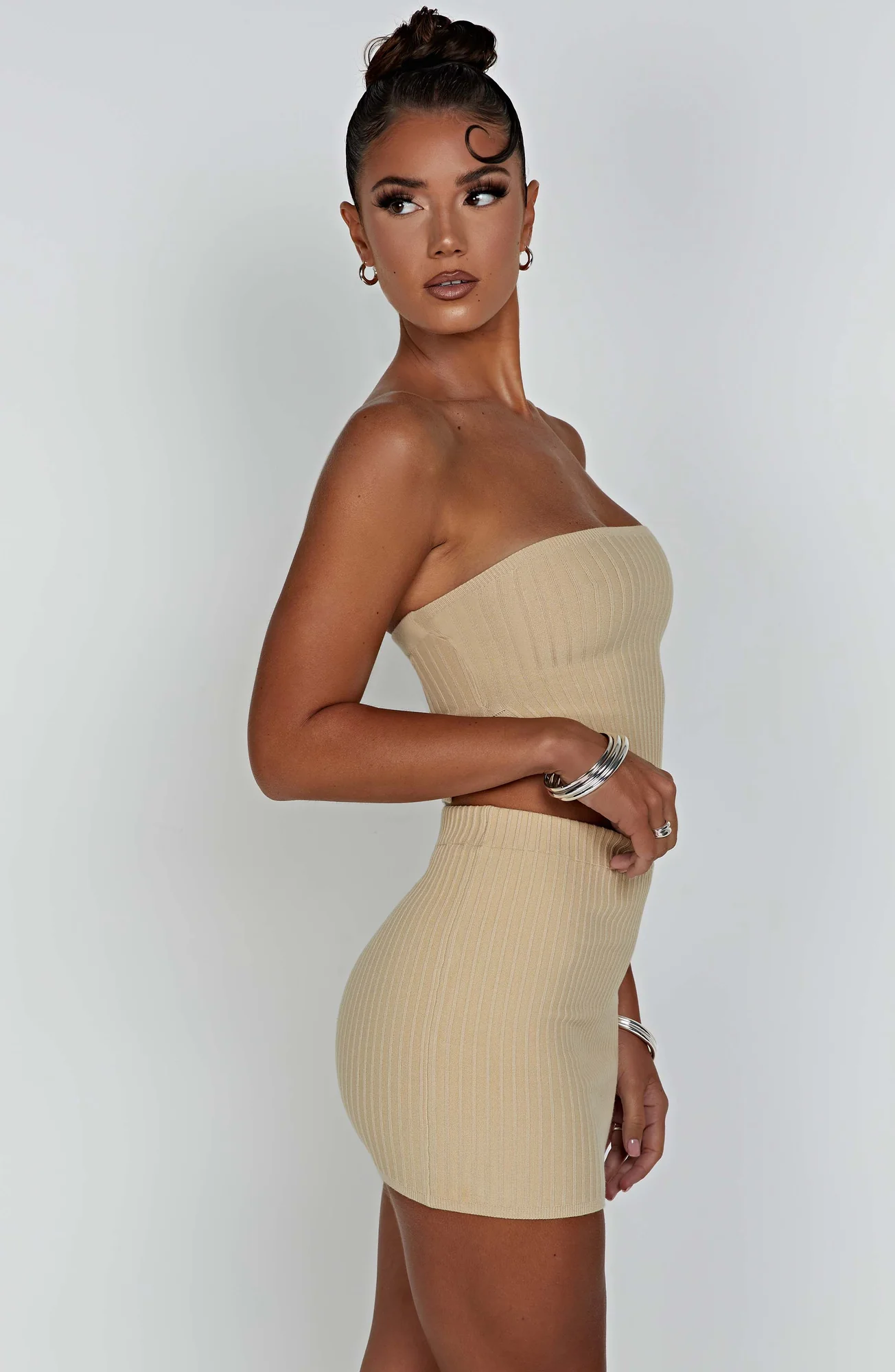 Ribbed Knit Strapless Beige Crop Top