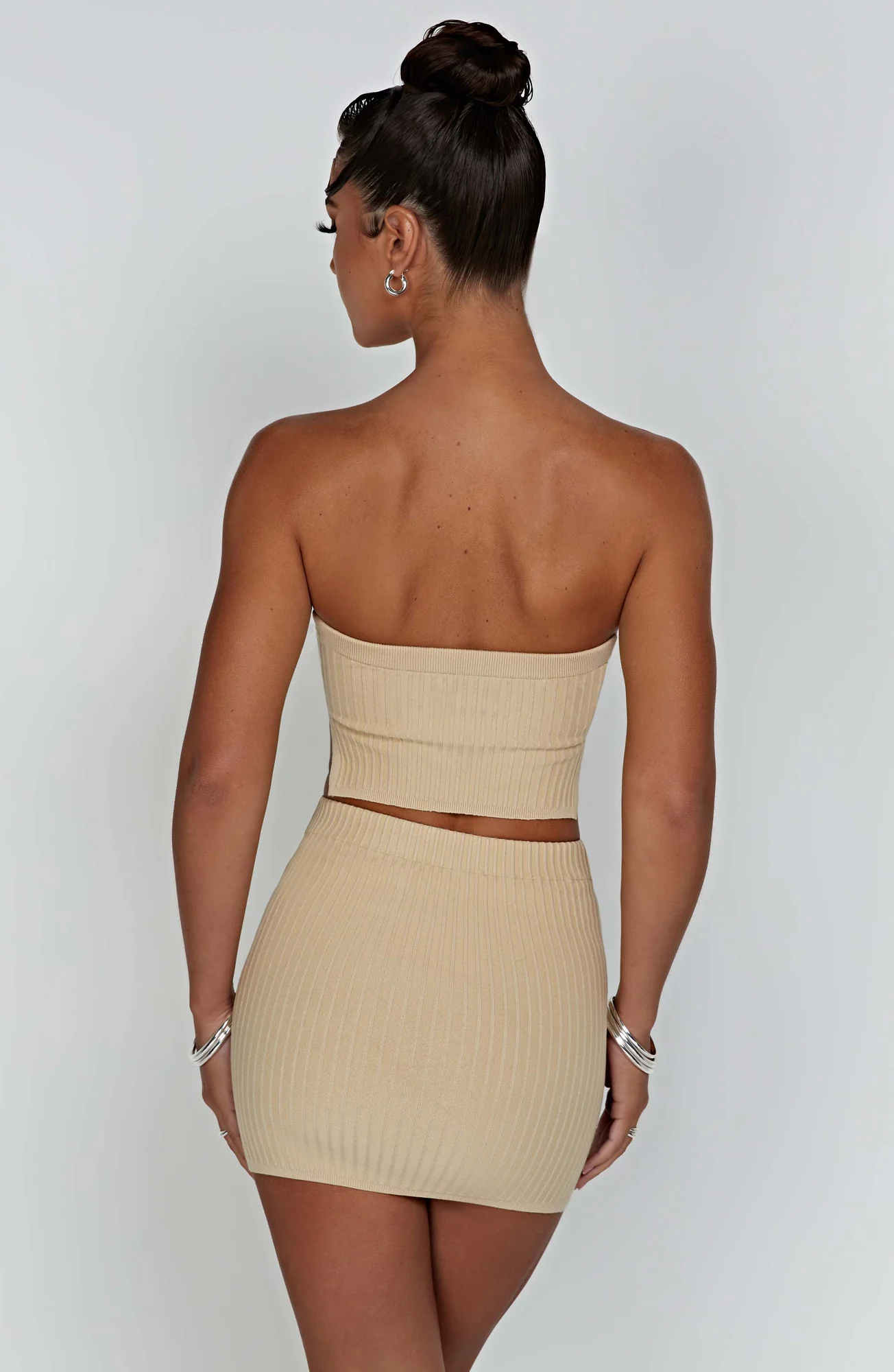 Ribbed Knit Strapless Beige Crop Top
