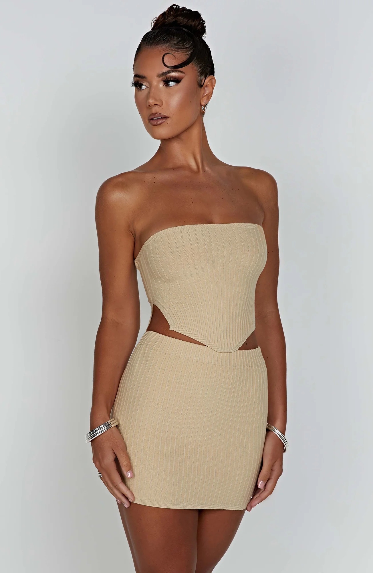 Ribbed Knit Strapless Beige Crop Top