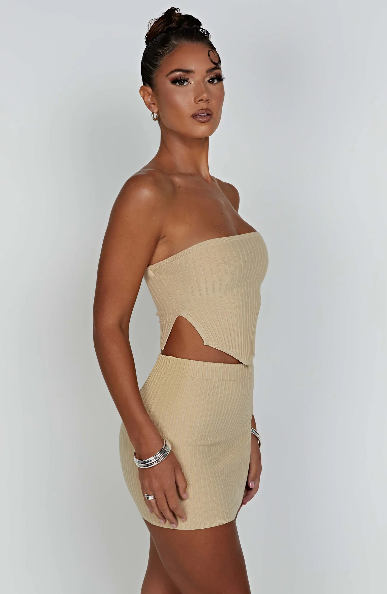 Ribbed Knit Strapless Beige Crop Top