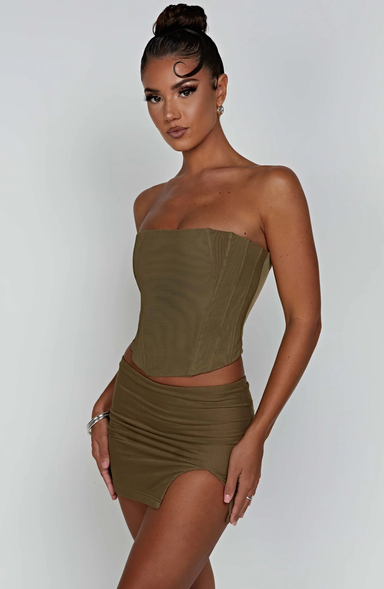 Khaki Mesh Corset Top - Stylish Strapless Cami