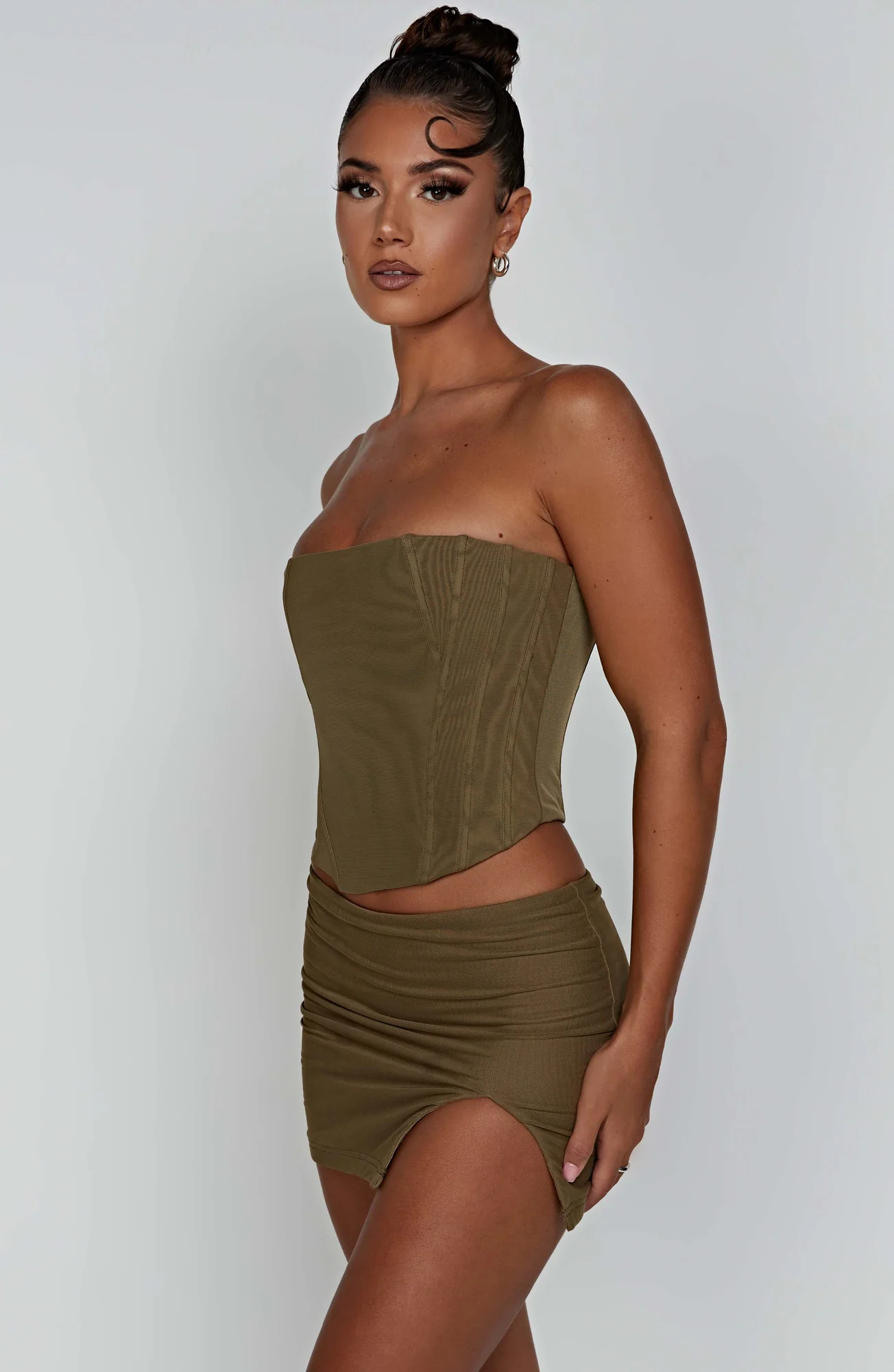 Khaki Mesh Corset Top - Stylish Strapless Cami