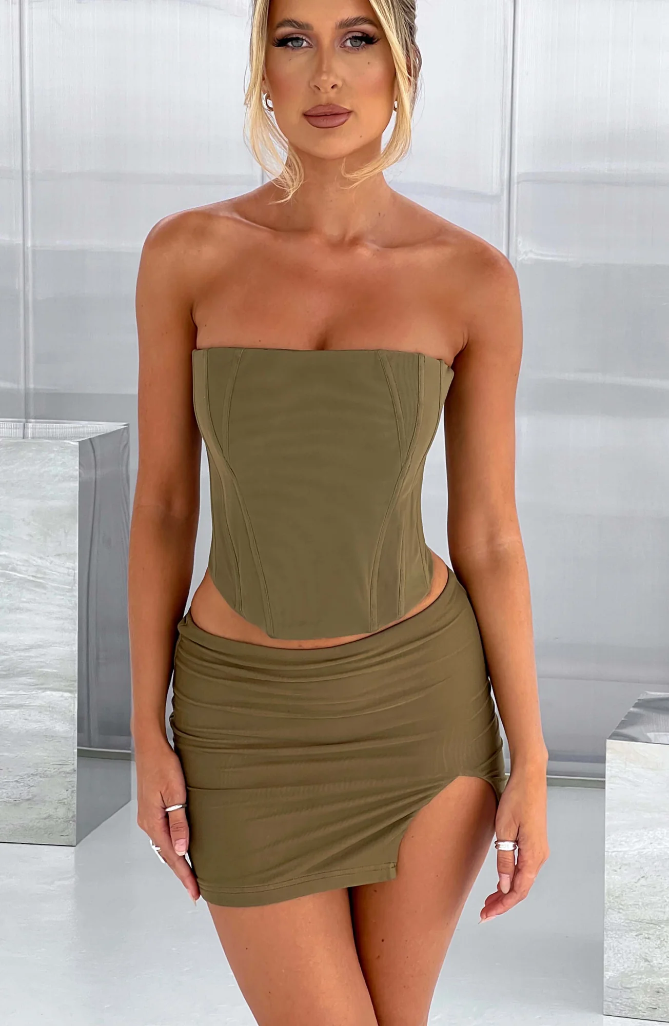Khaki Mesh Corset Top - Stylish Strapless Cami