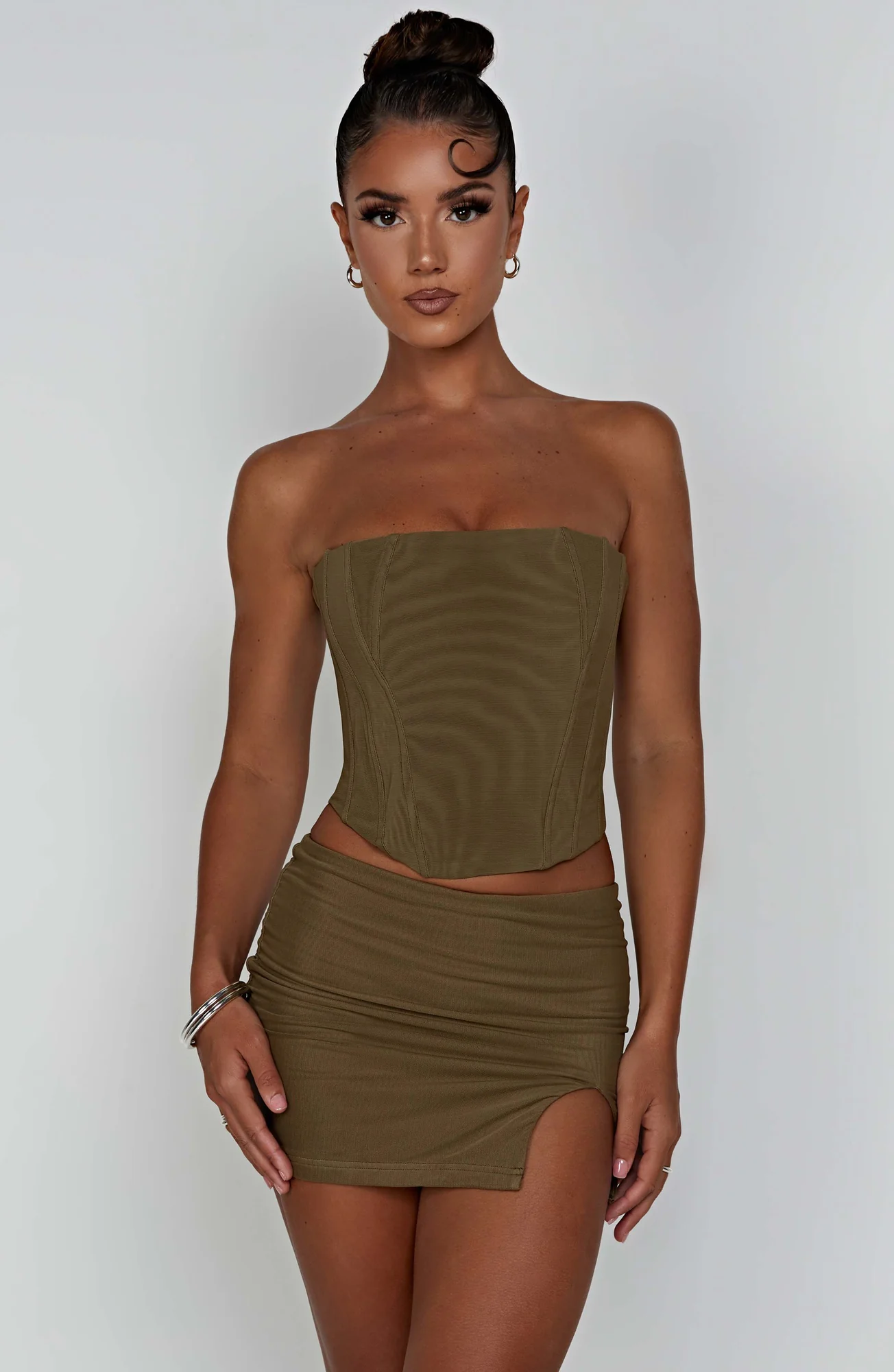 Khaki Mesh Corset Top - Stylish Strapless Cami