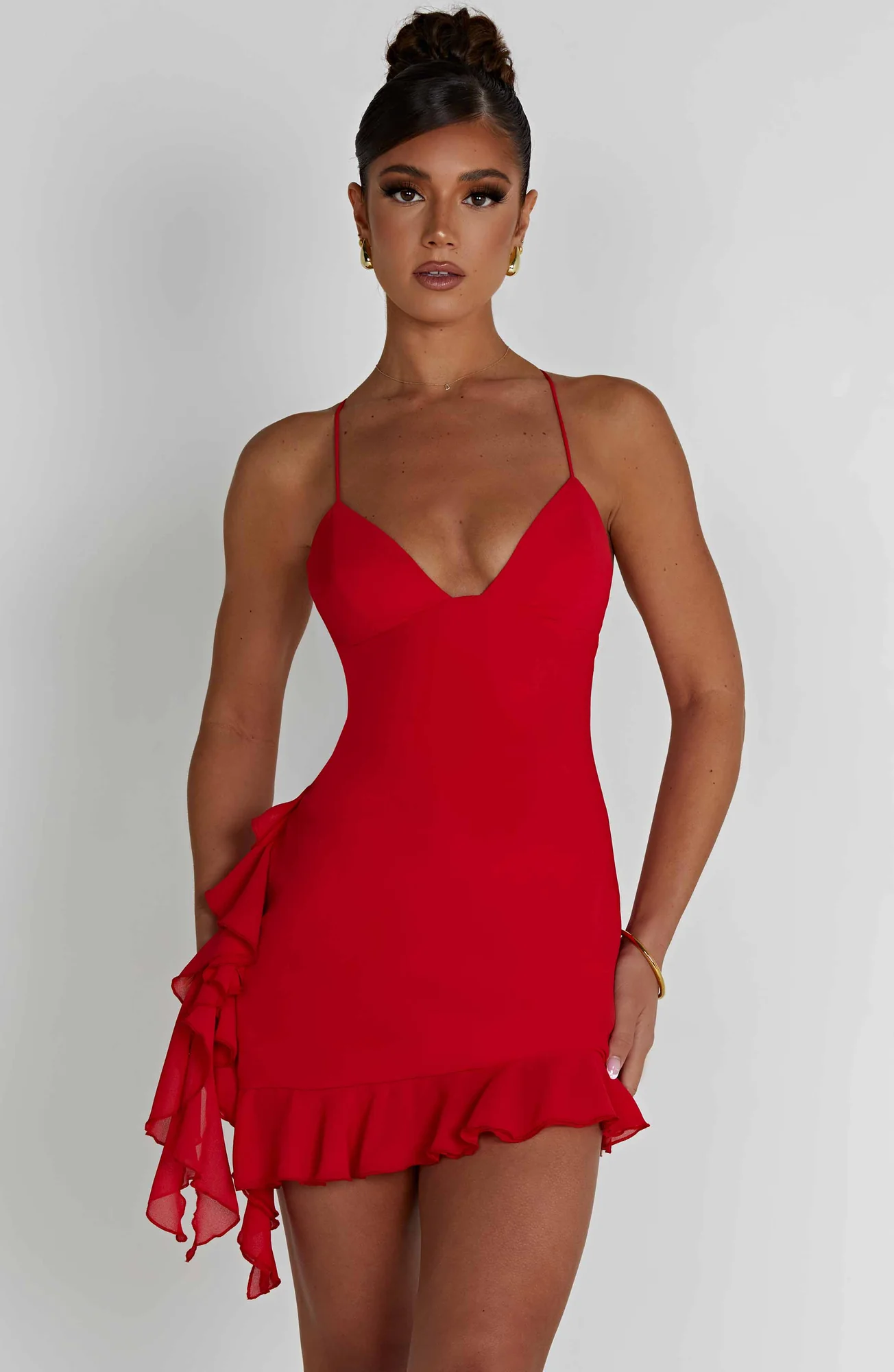 Red Georgette Satin Mini Dress with Ruffle Hem