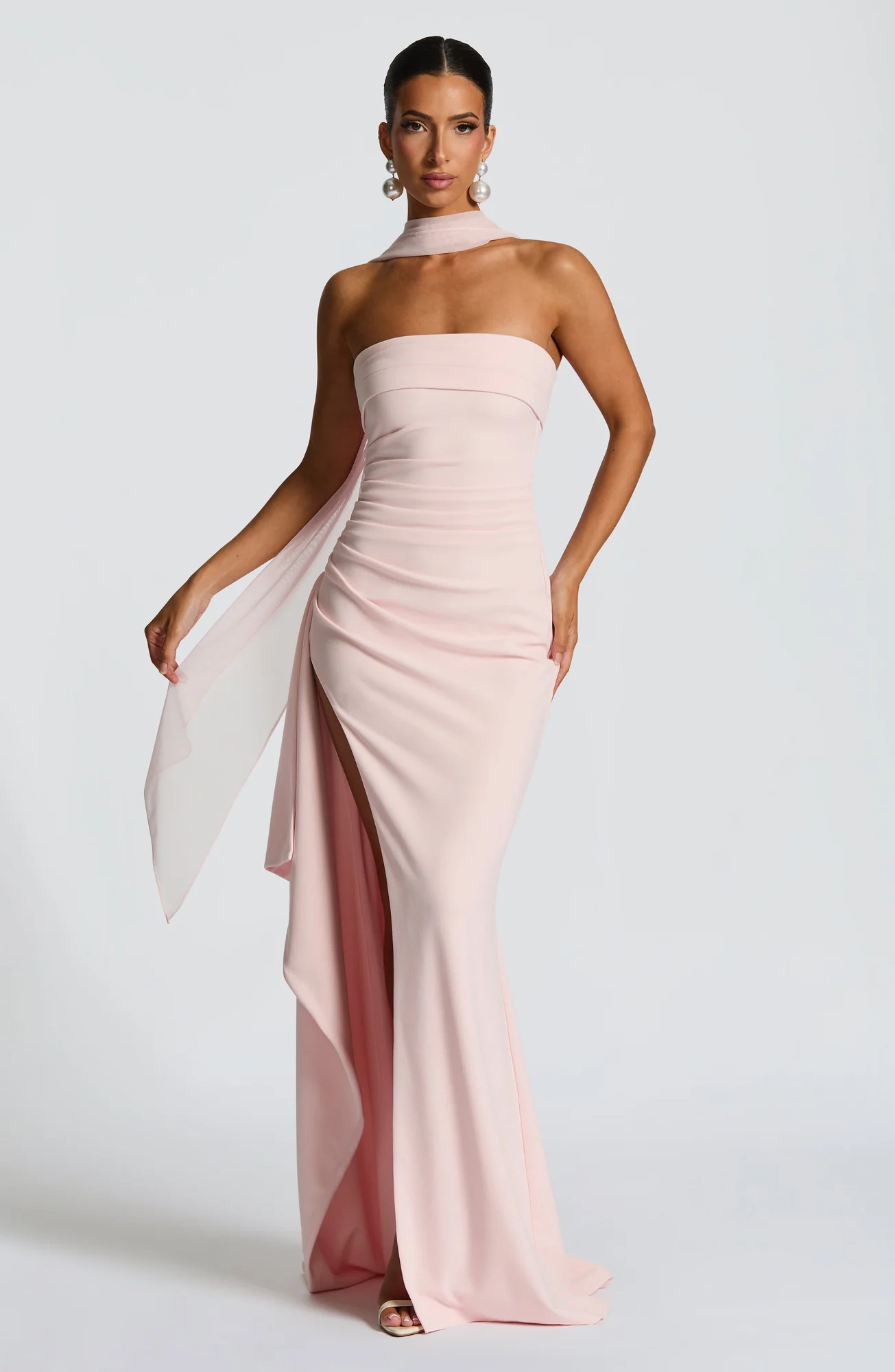 Blush Strapless Maxi Dress with Thigh Split - Elegant Crepe Gown