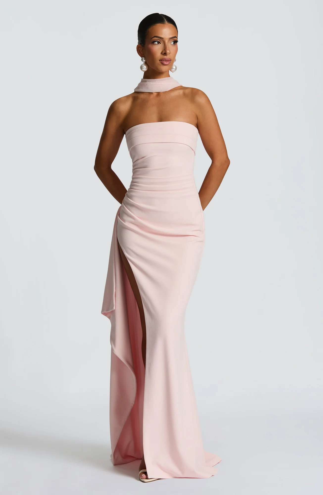 Blush Strapless Maxi Dress with Thigh Split - Elegant Crepe Gown