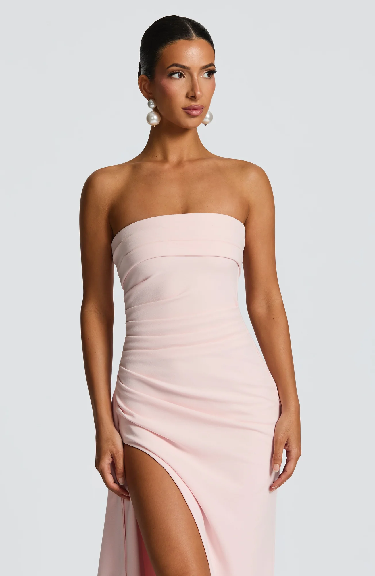 Blush Strapless Maxi Dress with Thigh Split - Elegant Crepe Gown