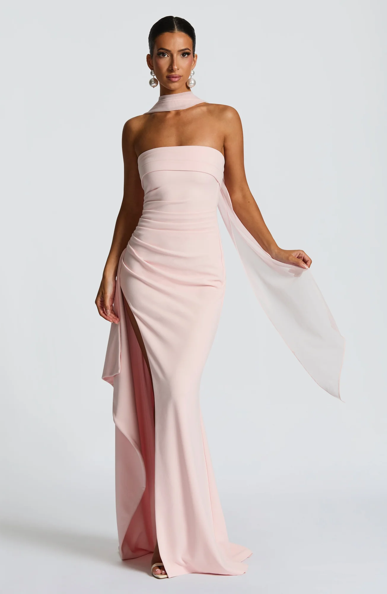 Blush Strapless Maxi Dress with Thigh Split - Elegant Crepe Gown