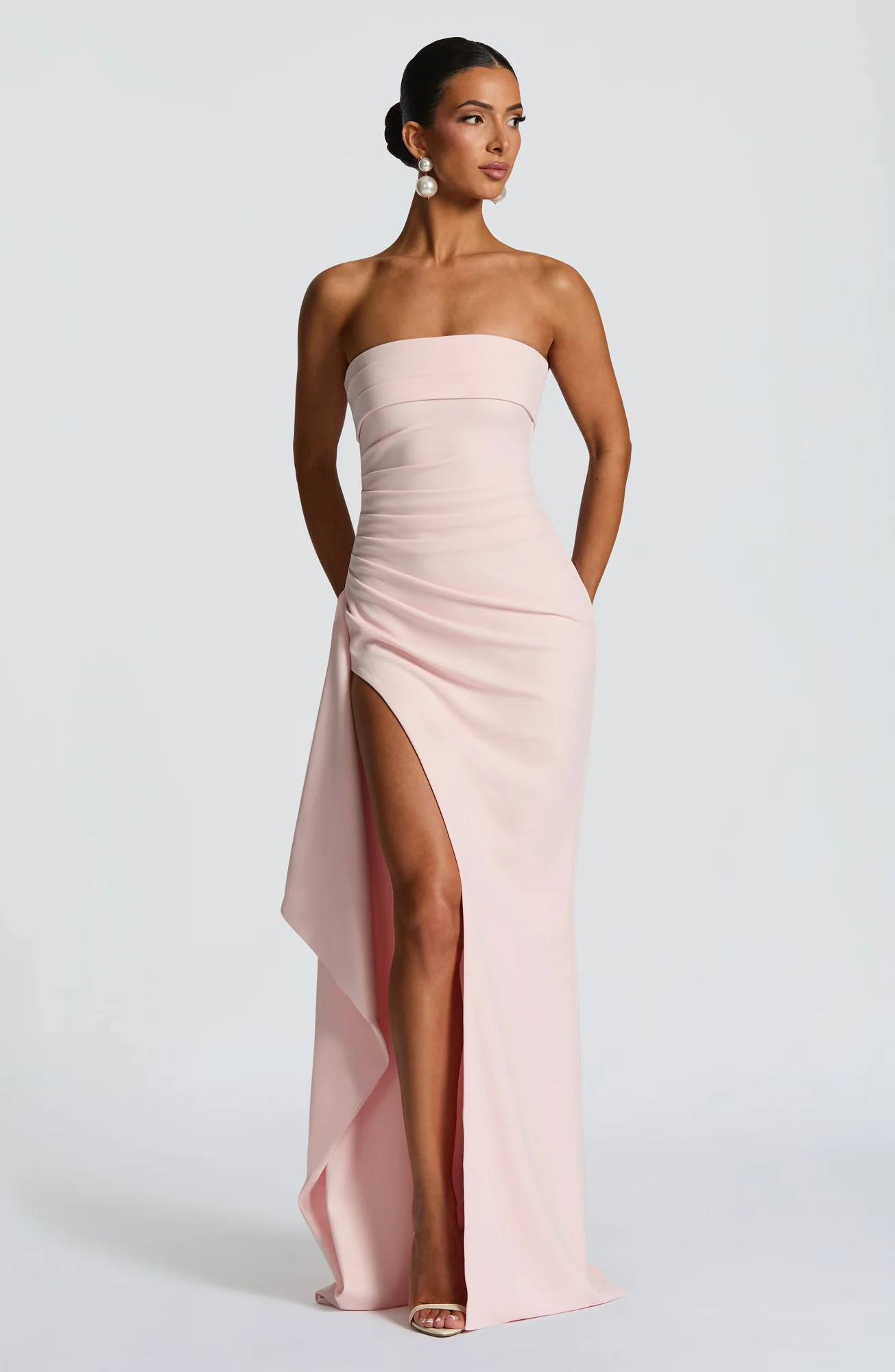 Blush Strapless Maxi Dress with Thigh Split - Elegant Crepe Gown