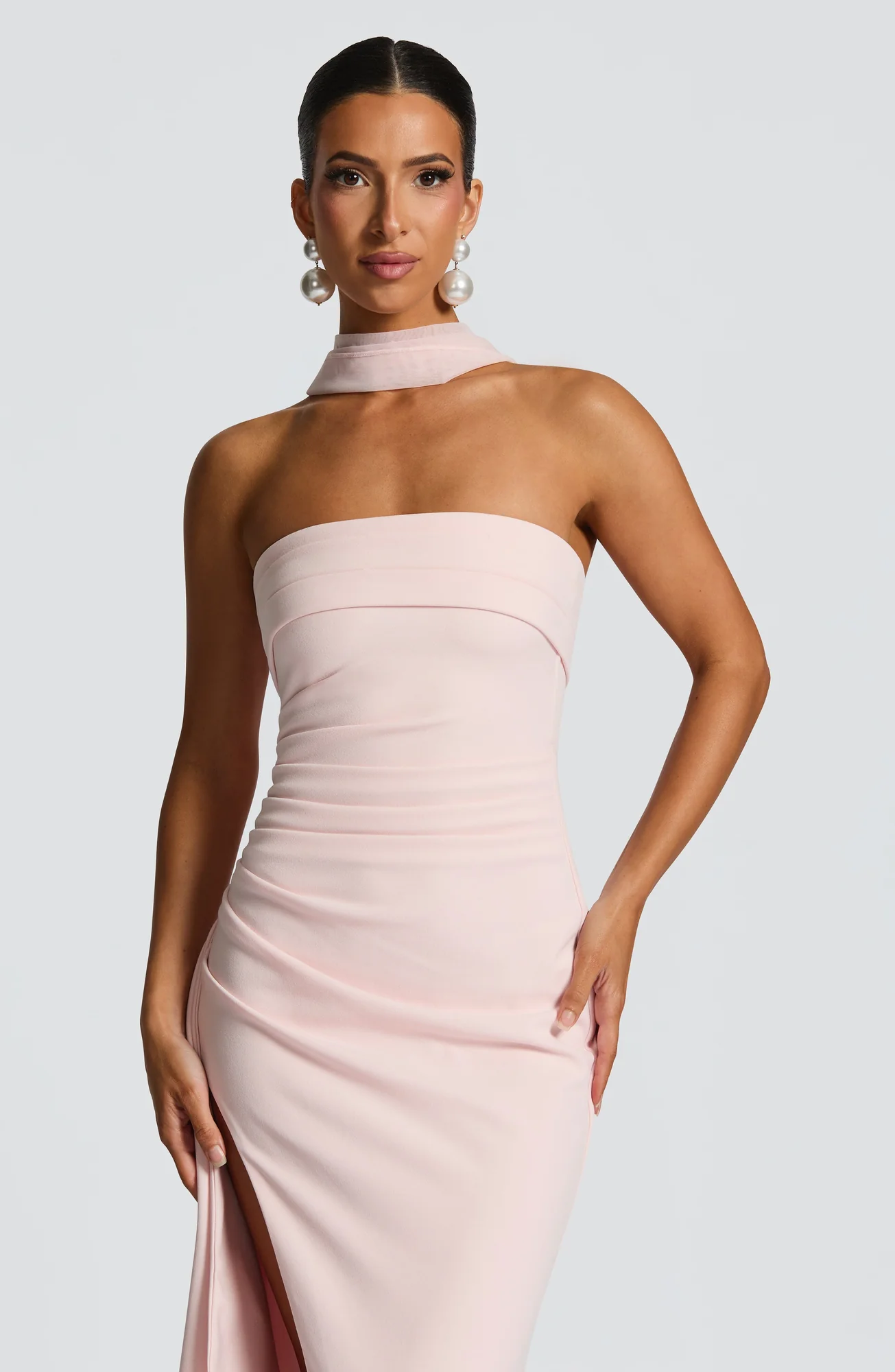 Blush Strapless Maxi Dress with Thigh Split - Elegant Crepe Gown