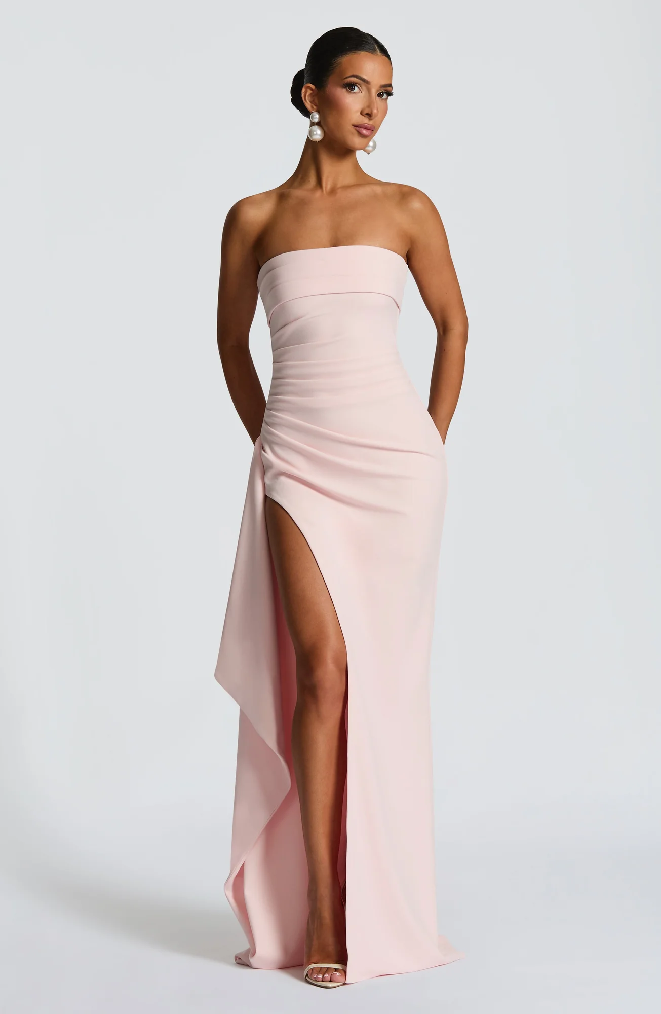 Blush Strapless Maxi Dress with Thigh Split - Elegant Crepe Gown