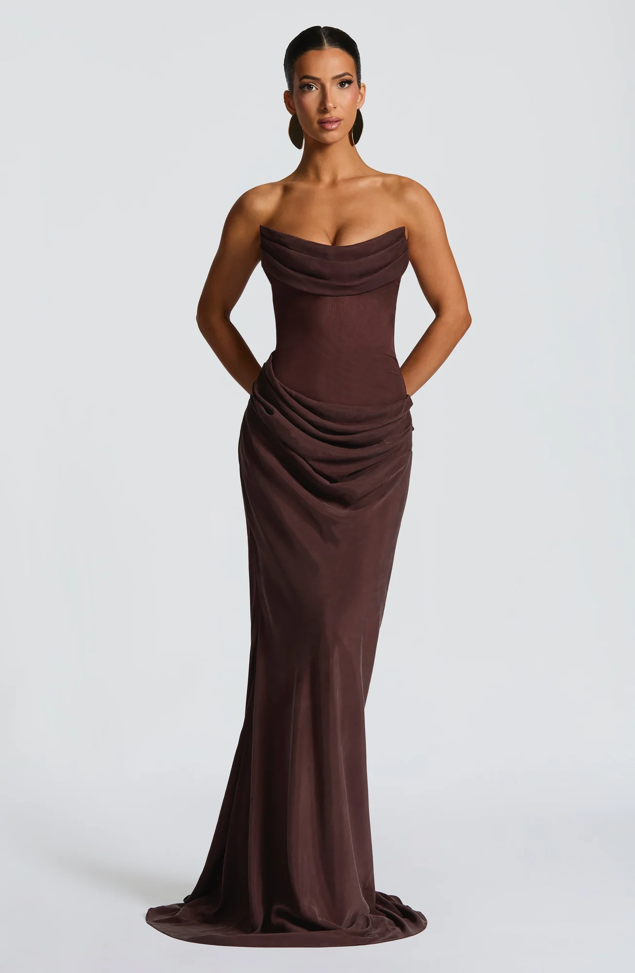 Plum Brown Strapless Maxi Dress with Lace-Up Back