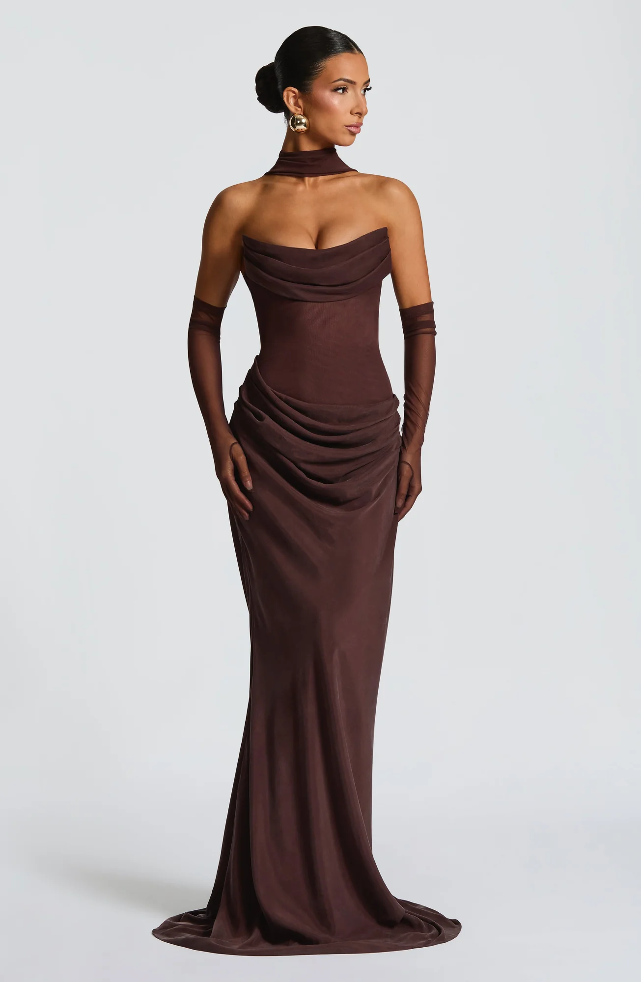Plum Brown Strapless Maxi Dress with Lace-Up Back